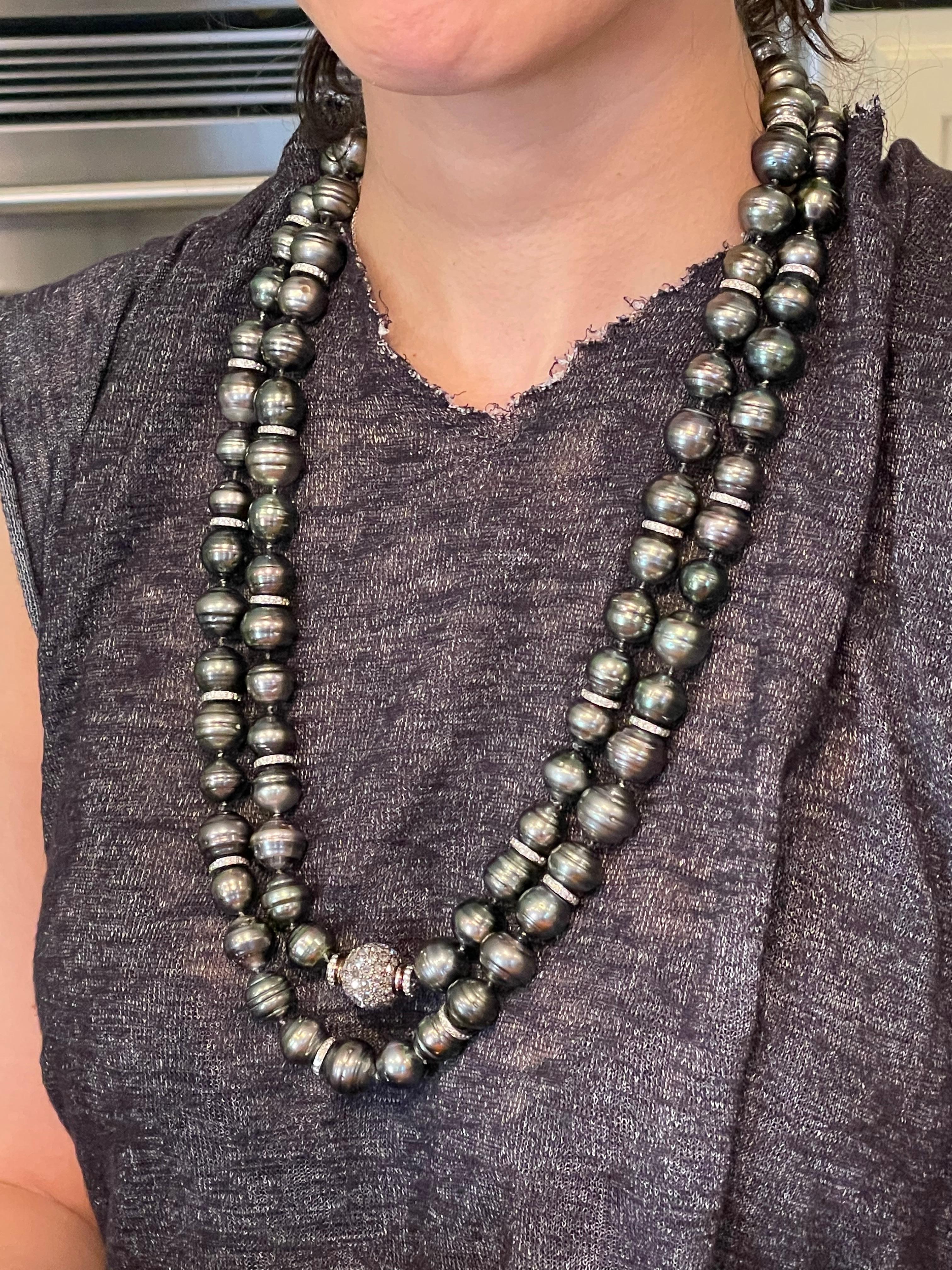 Black Baroque Pearl and Pave Diamond Long Chain Necklace. 100 14.9-12.1mm Pearls For Sale 5