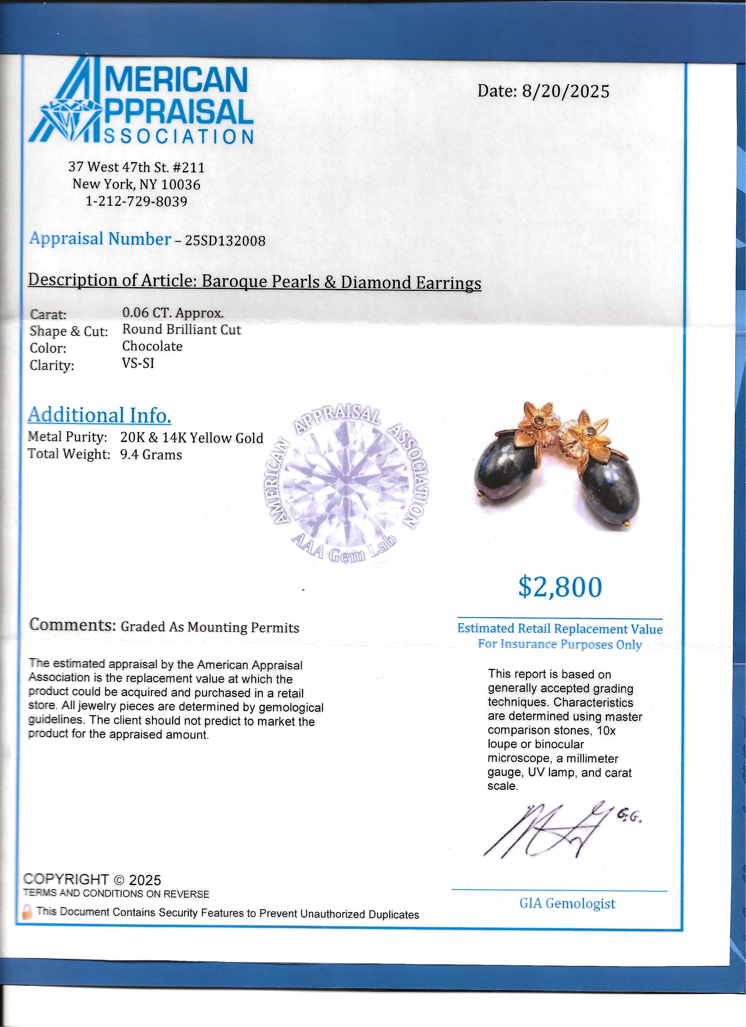 Boucles d'oreilles perles baroques noires et fleurs avec diamants chocolatés or 20 carats en vente 3