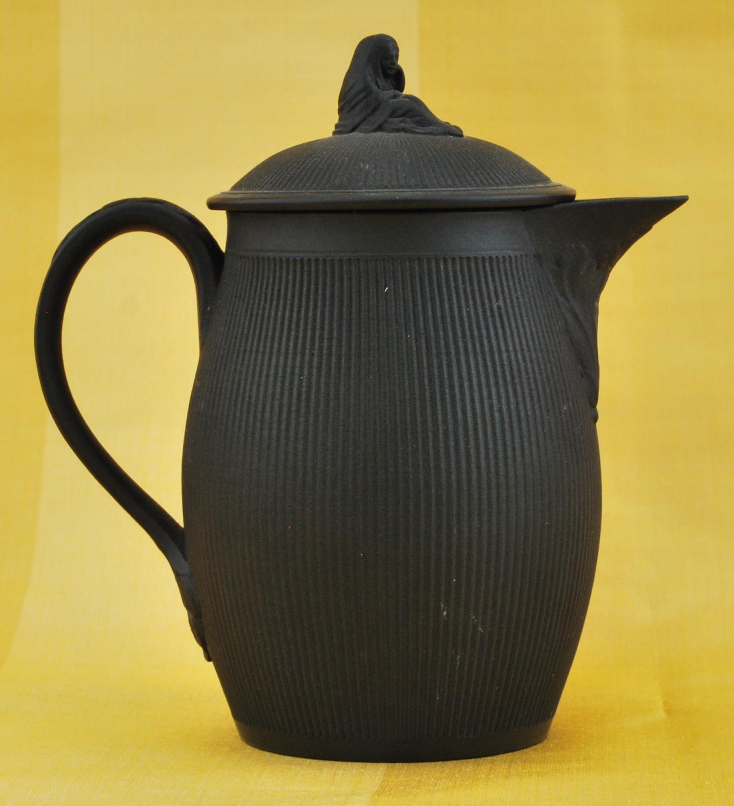 Molded Black Basalt Hot Milk Jug with Engine-Turned Decoration, Mayer, C1790 For Sale