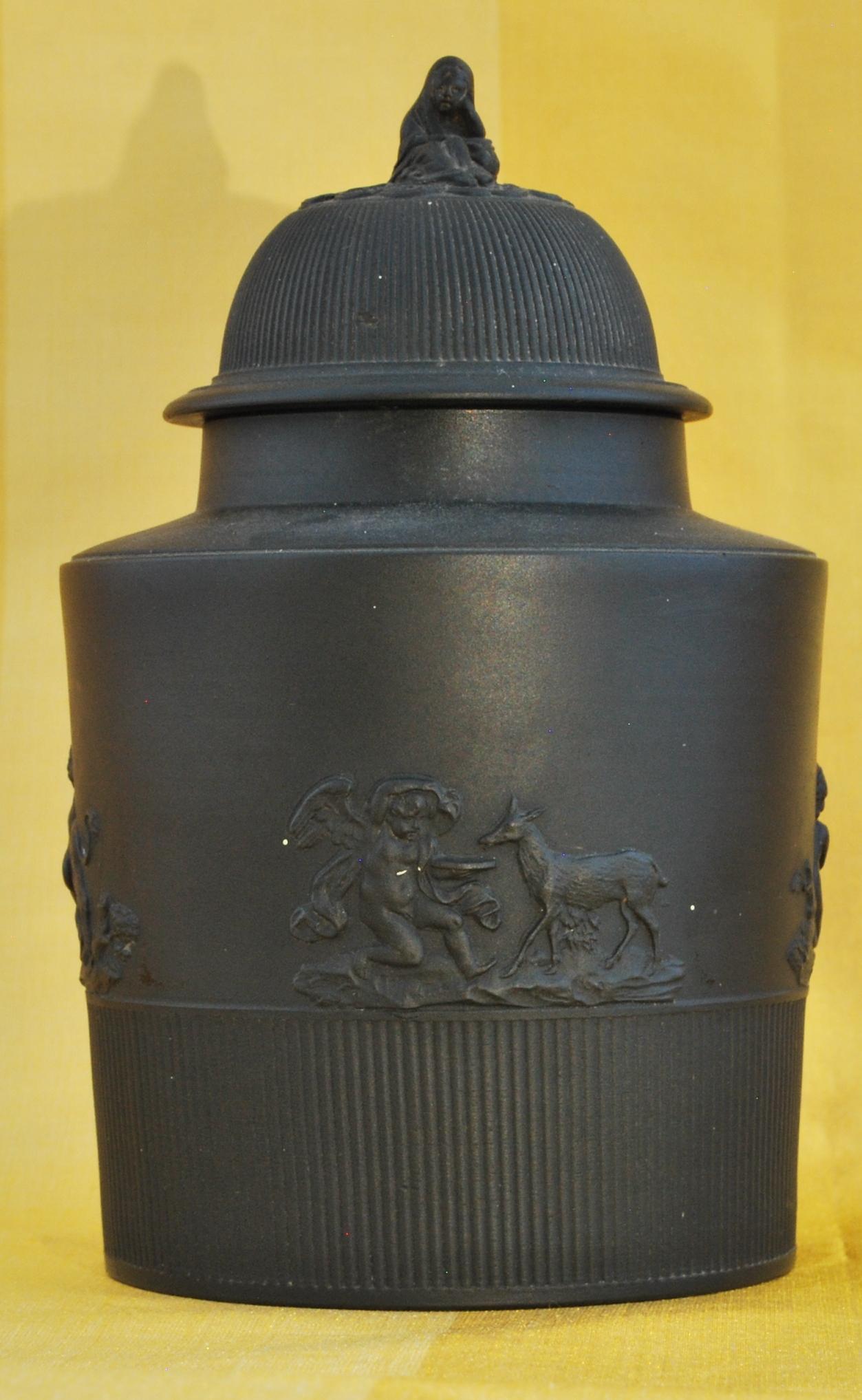 Neoclassical Black Basalt Tea Canister with Applied Decoration, Mayer, C1790 For Sale