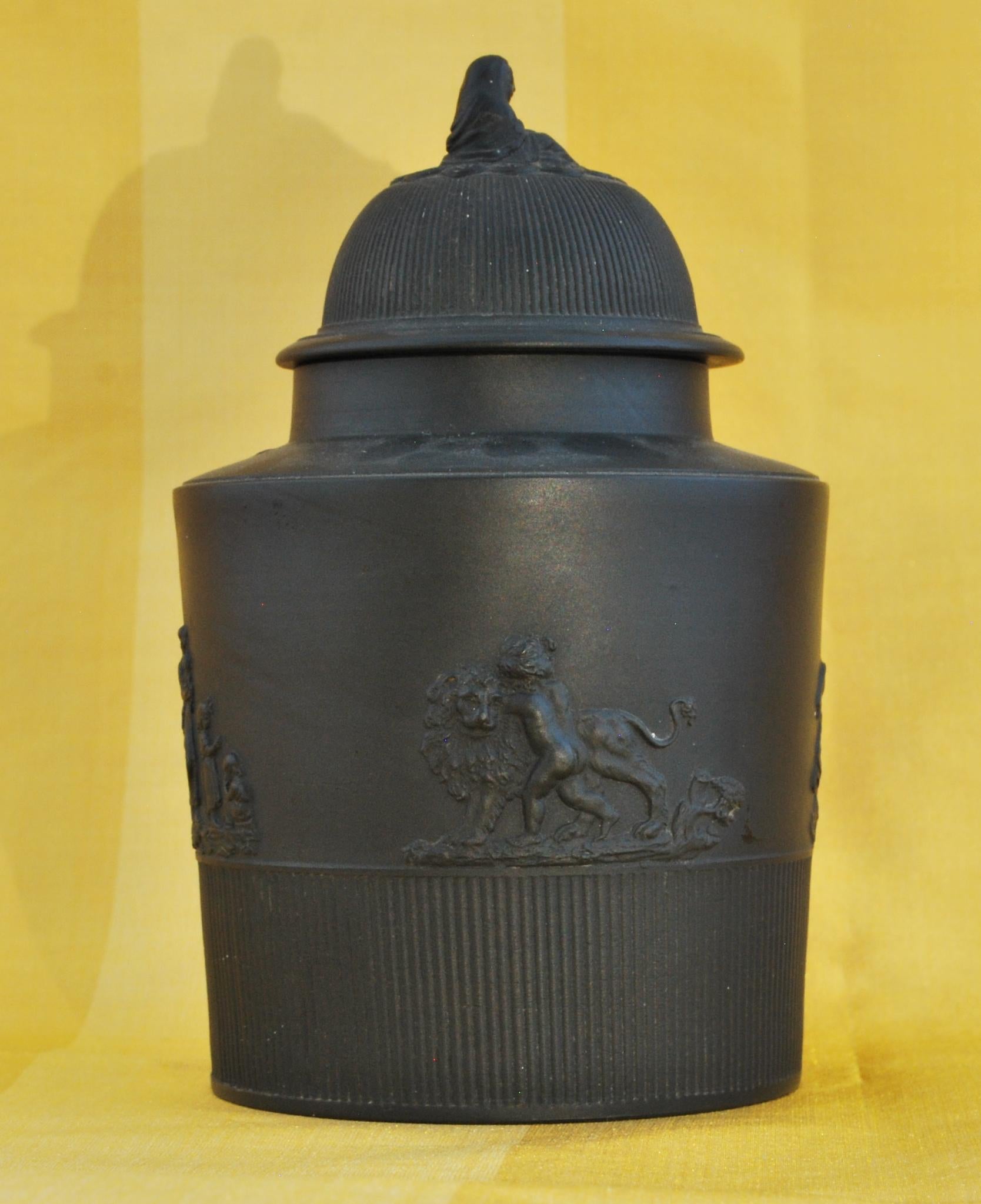 English Black Basalt Tea Canister with Applied Decoration, Mayer, C1790 For Sale