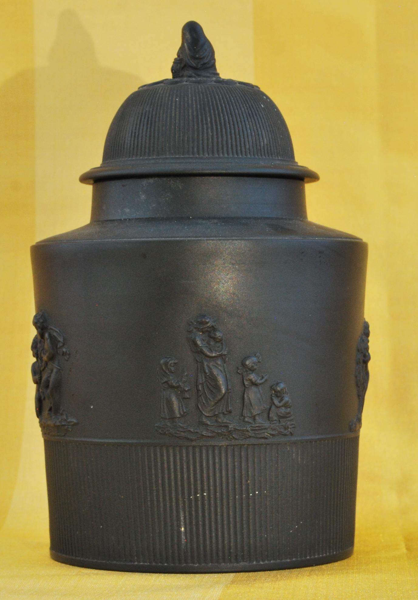 Molded Black Basalt Tea Canister with Applied Decoration, Mayer, C1790 For Sale