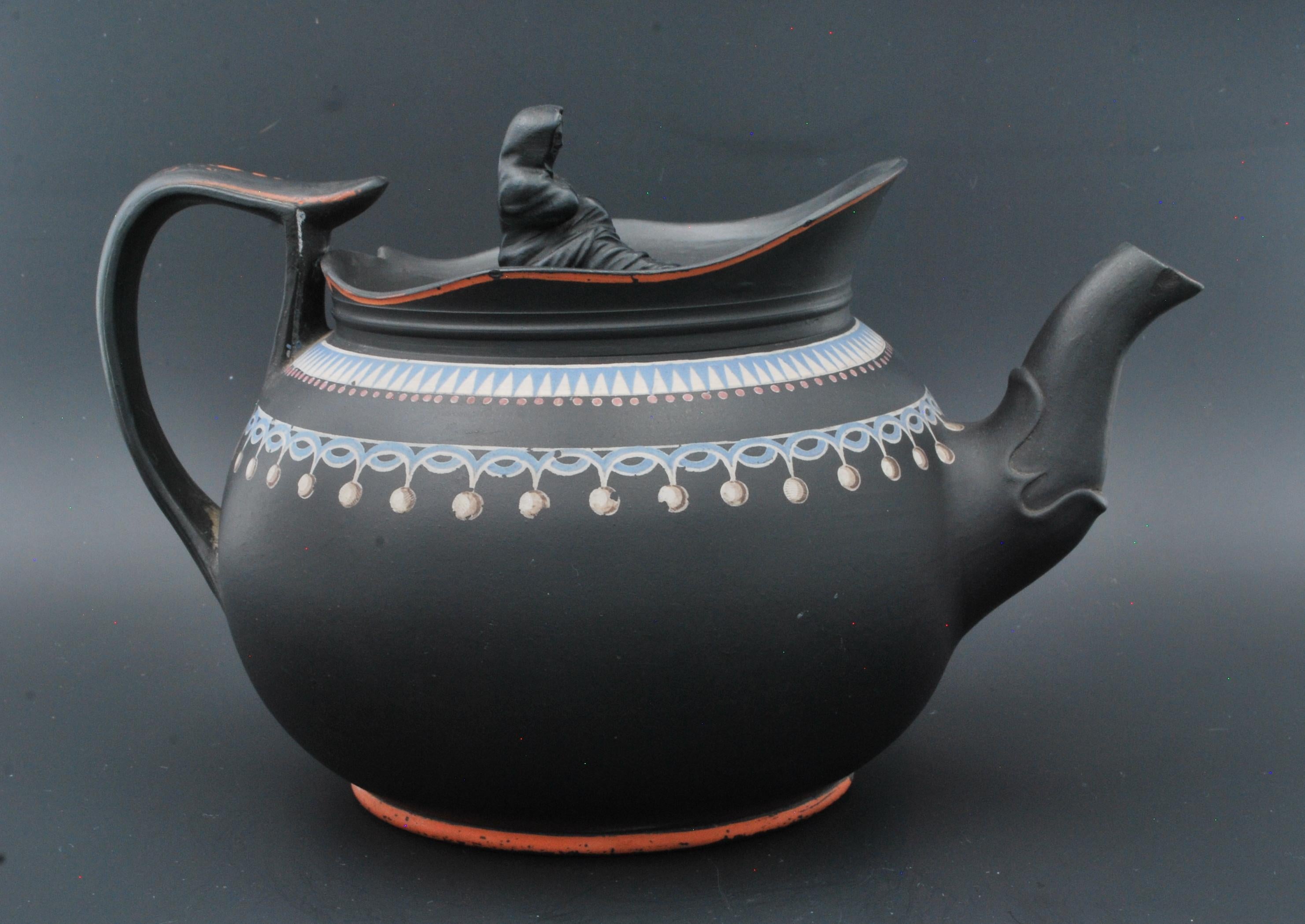 Neoclassical Black Basalt Teapot with Enamel Decoration, Probably Spode C1800 For Sale