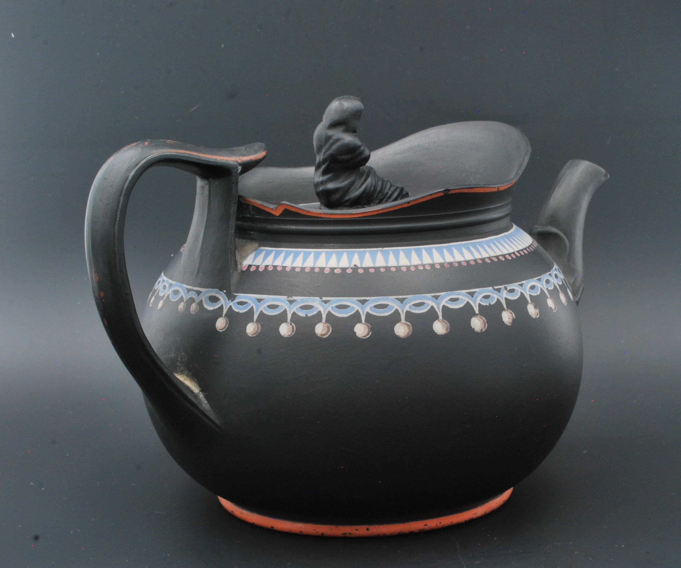 English Black Basalt Teapot with Enamel Decoration, Probably Spode C1800 For Sale