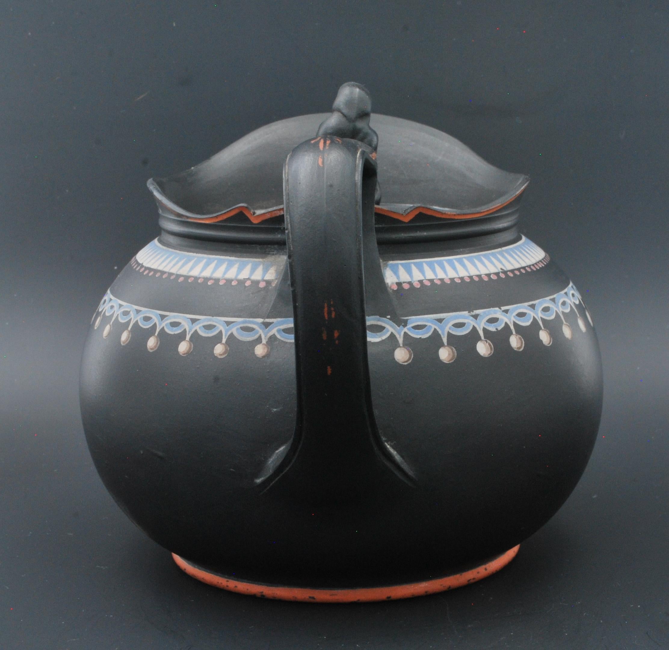 Molded Black Basalt Teapot with Enamel Decoration, Probably Spode C1800 For Sale