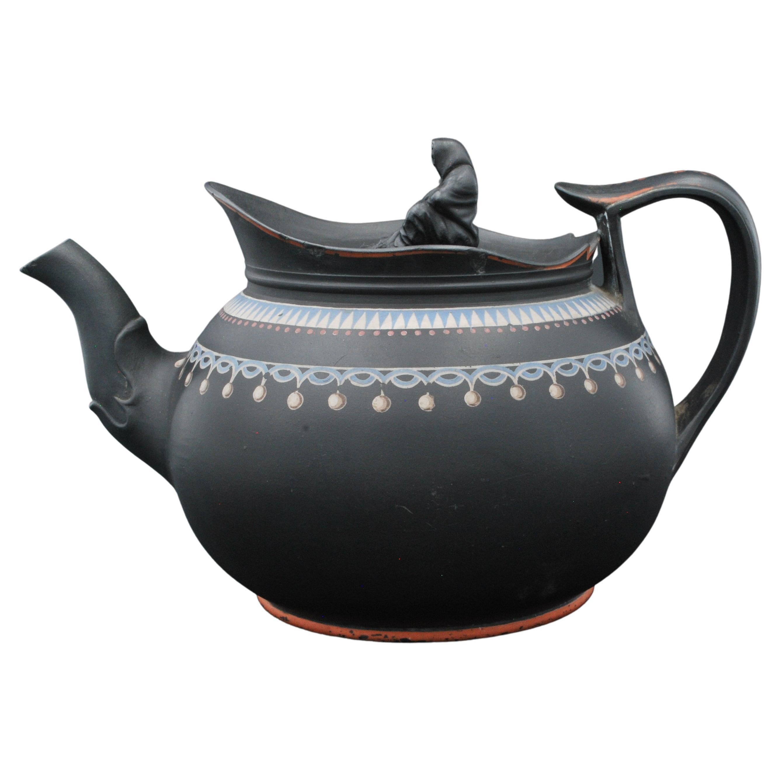Black Basalt Teapot with Enamel Decoration, Probably Spode C1800 For Sale