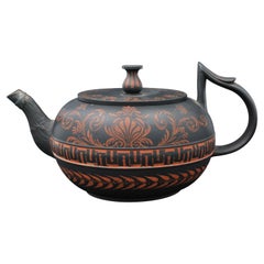 Antique Black Basalt Teapot with Encaustic Decoration, England, C1790