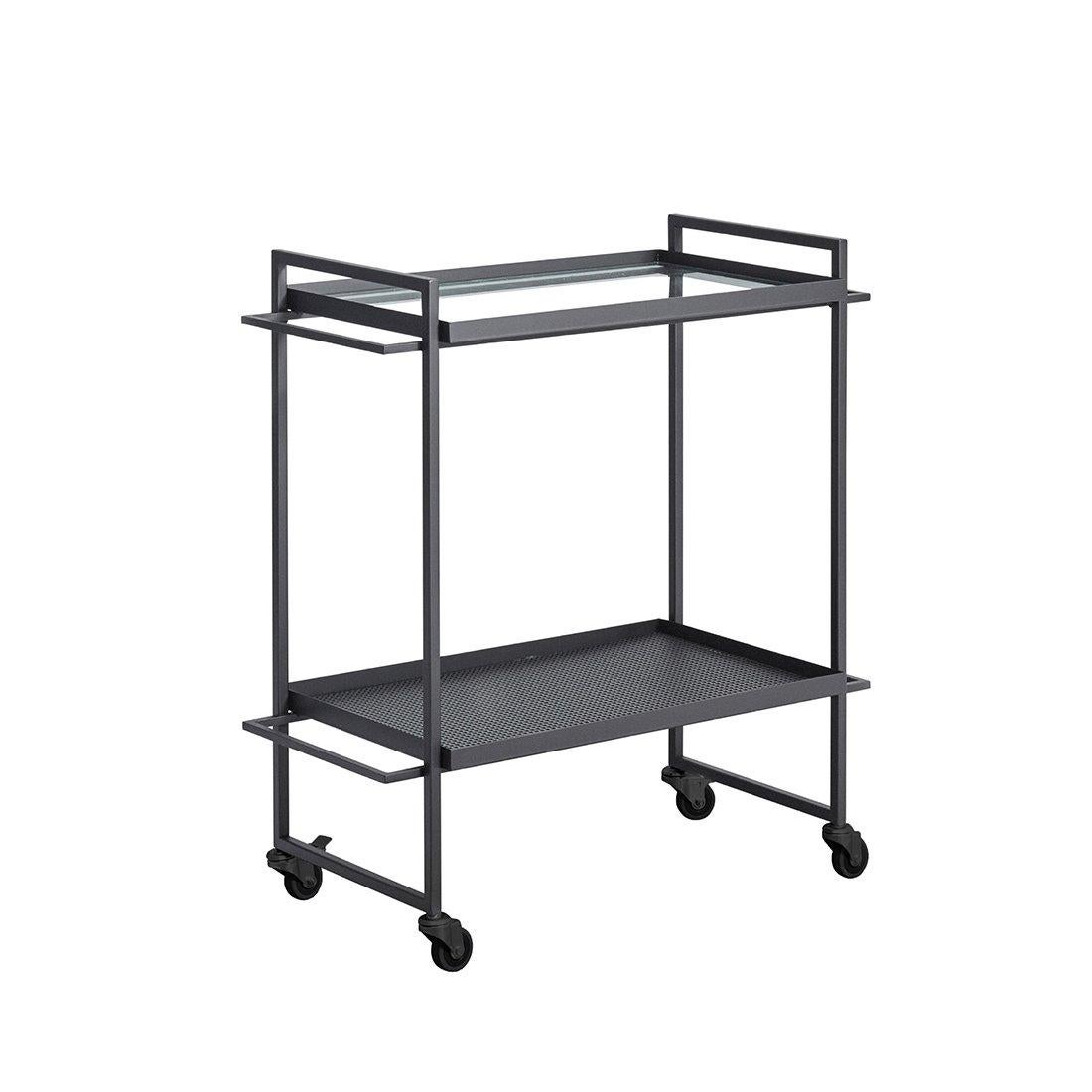 Bauhaus trolley by Kristina Dam Studio
Materials: Black powder-coated steel and glass. 
Also available in different colors.
Dimensions: 35 x 72 x h 77cm.

The Modernist furniture collection takes notions of modern design and yet the distinctive