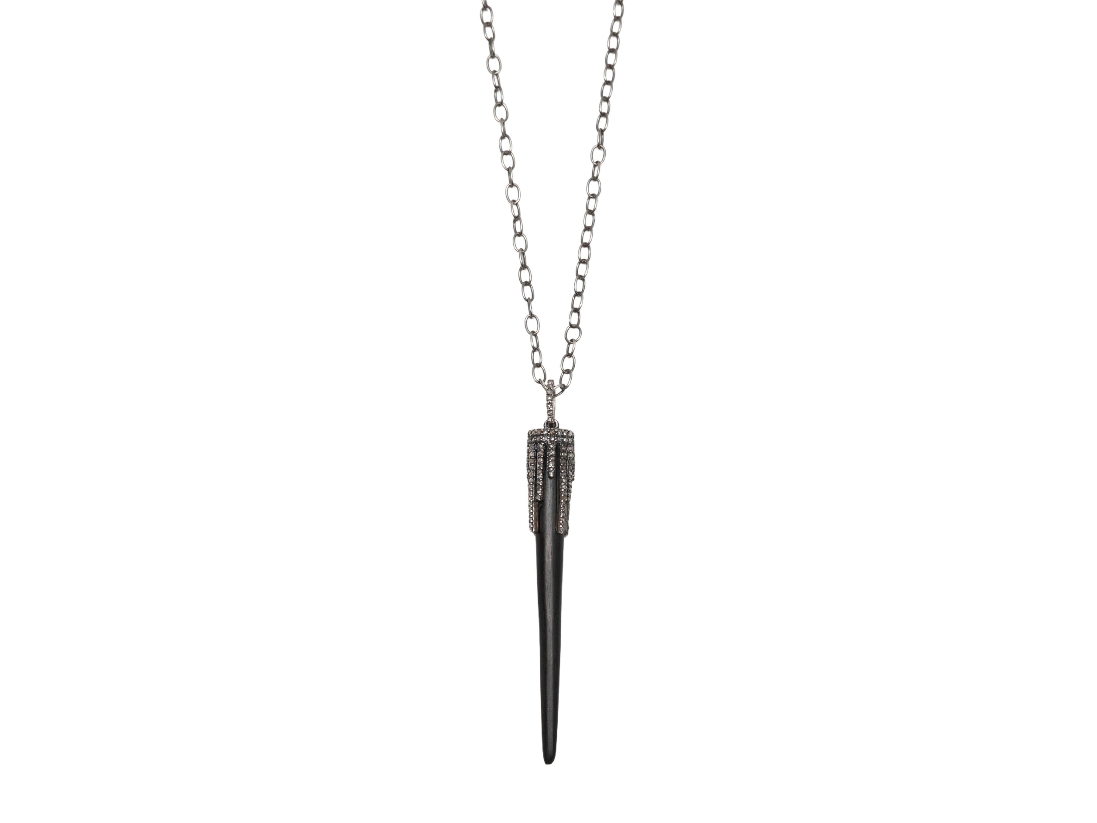 Round Cut Black Bavna Carved Stone & Pave Diamond Pendant Necklace For Sale