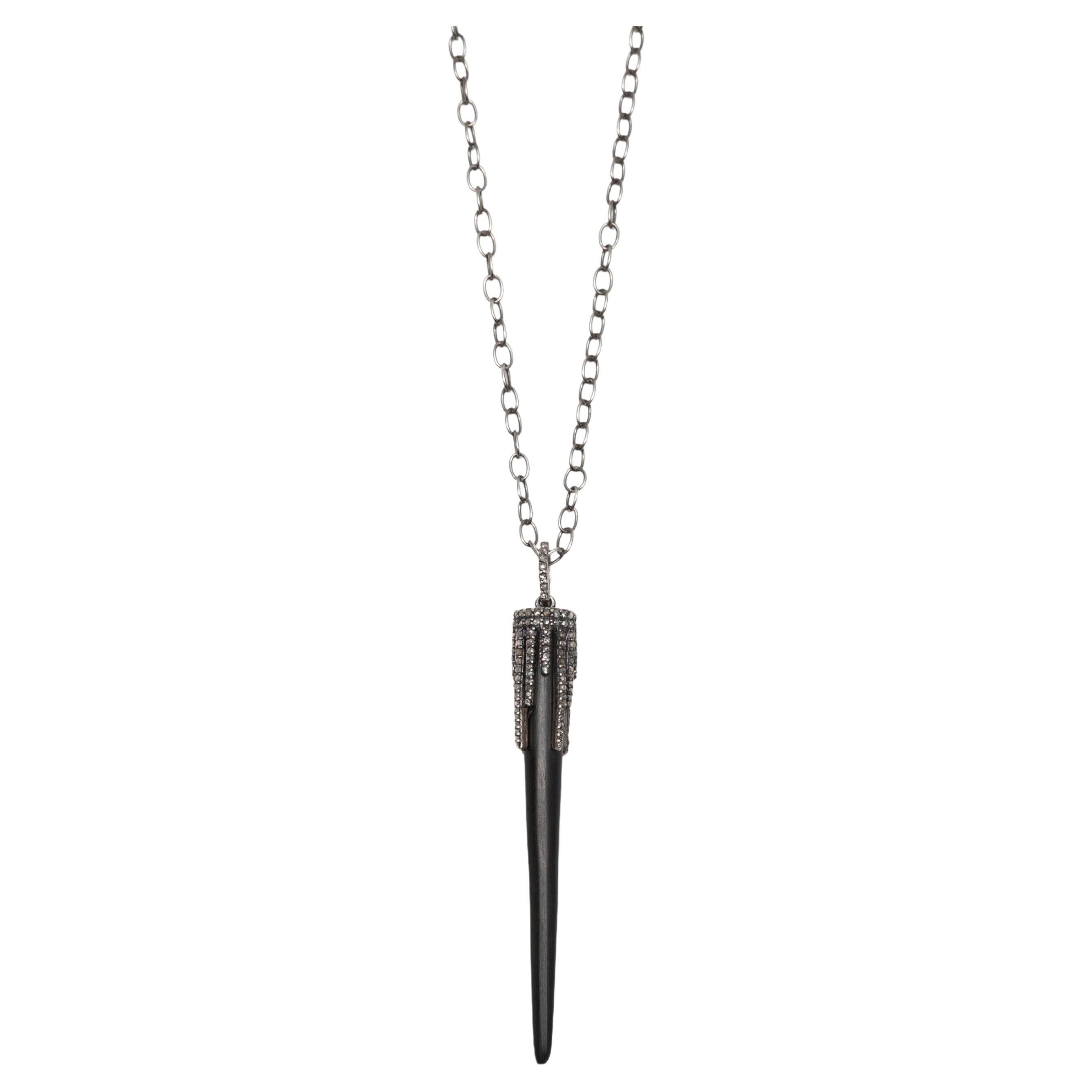 Black Bavna Carved Stone & Pave Diamond Pendant Necklace For Sale
