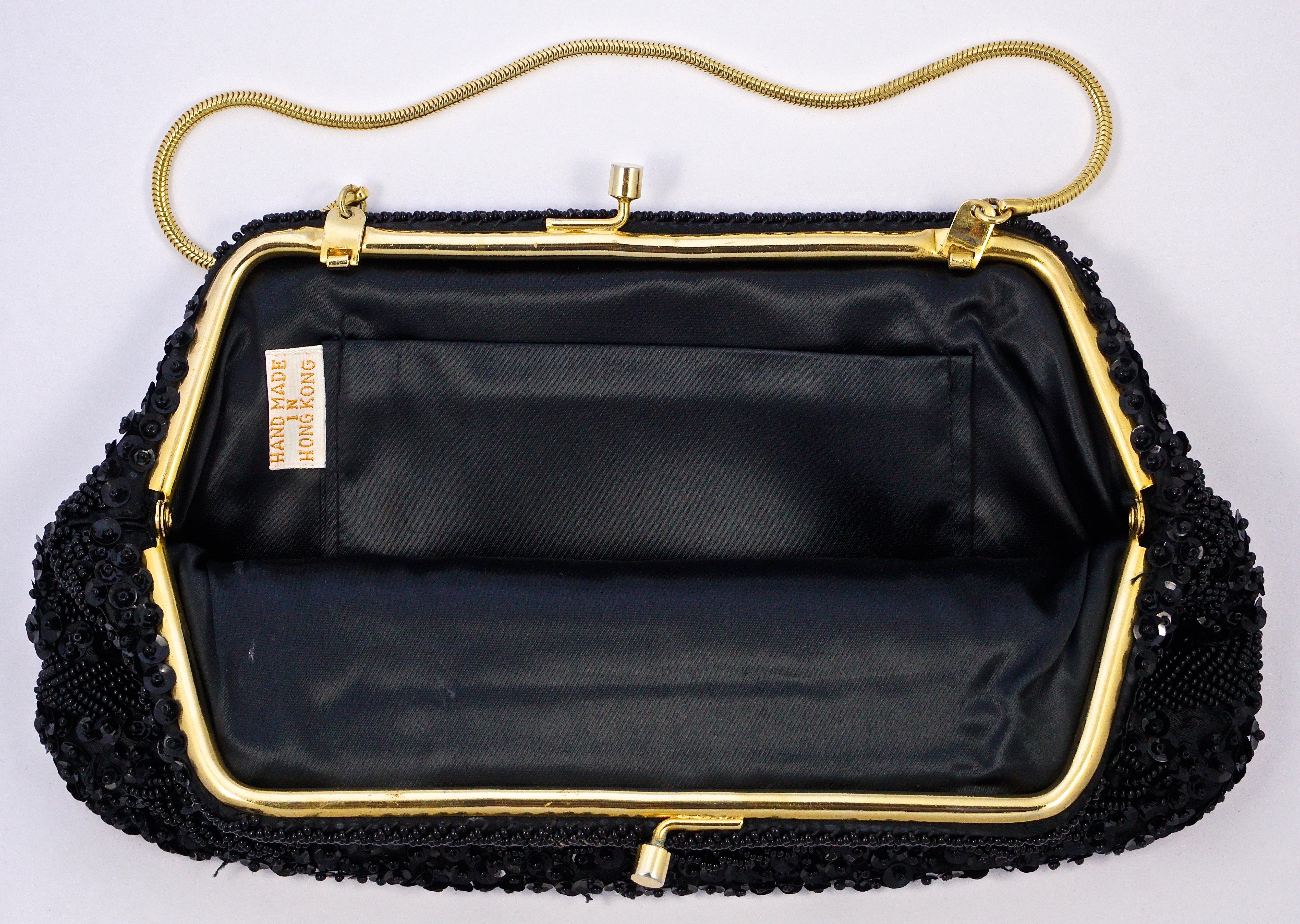 With  Bonus Black /& Gold Beaded Mirrored Lipstick Case Made in Hong Kong Vintage Hand Beaded Black Clutch Purse