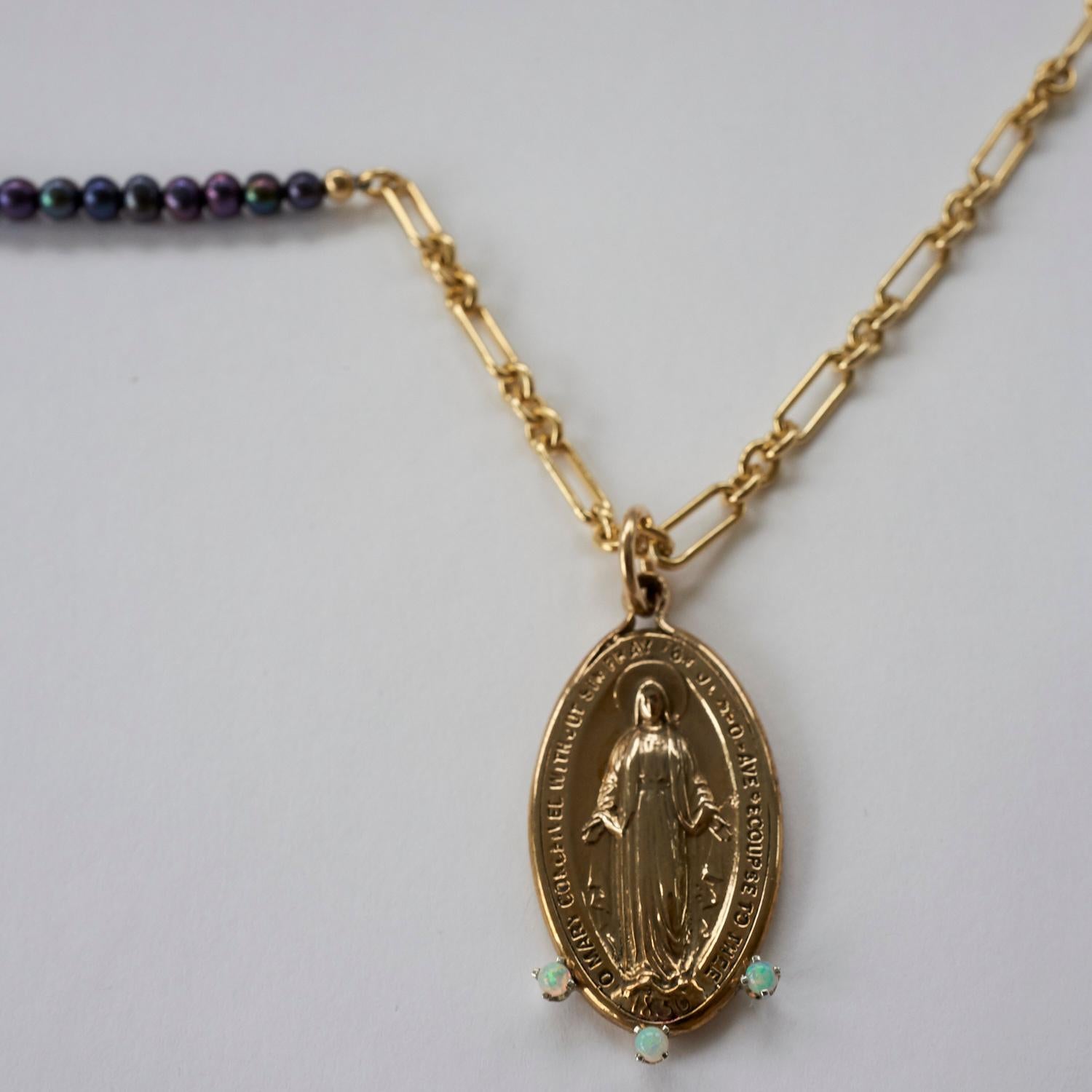 Contemporary Virgin Mary Opal Prong Set Necklace Gold-Filled Chain Black Pearl Bead For Sale