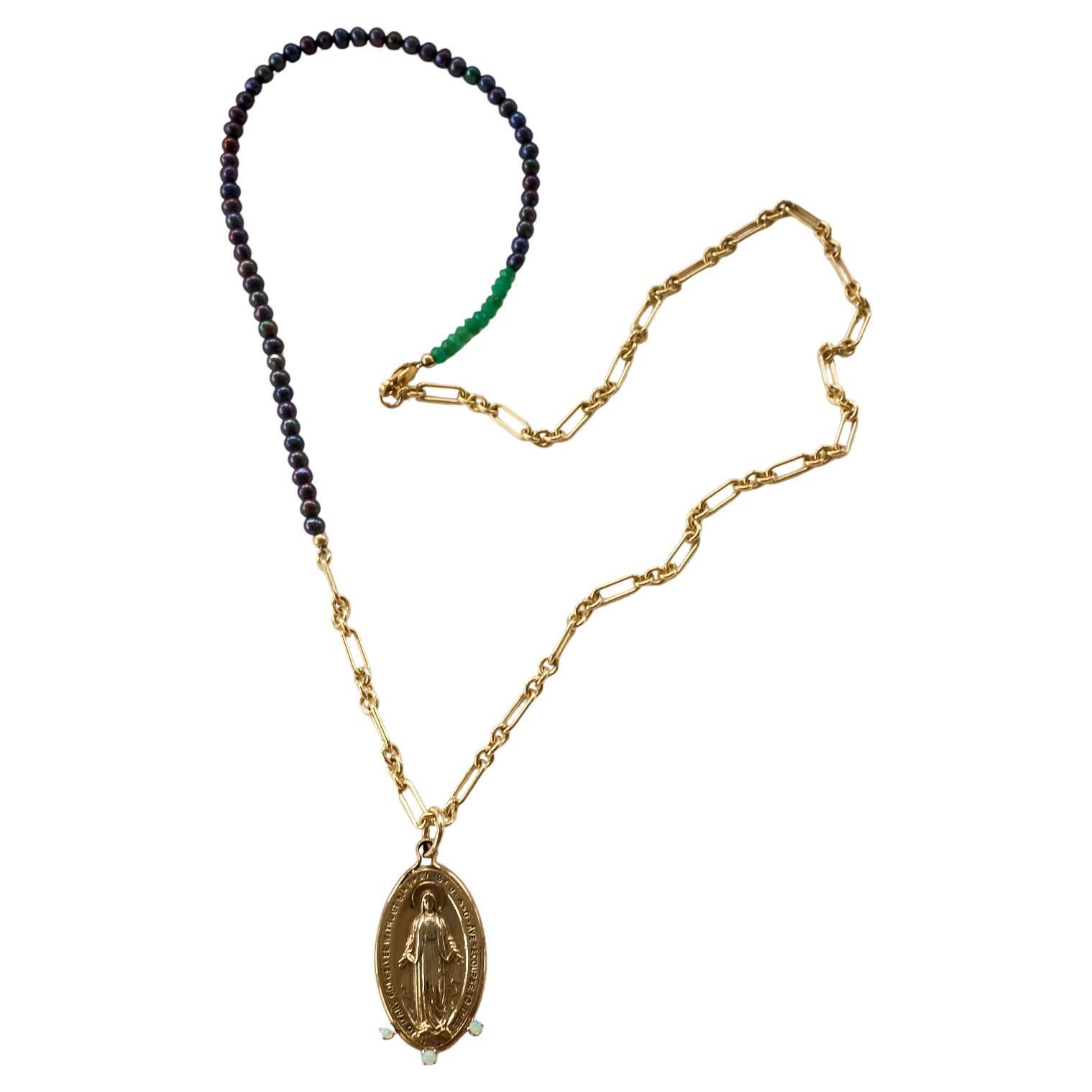Virgin Mary Opal Prong Set Necklace Gold-Filled Chain Black Pearl Bead For Sale