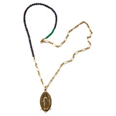 Virgin Mary Opal Prong Set Necklace Gold-Filled Chain Black Pearl Bead