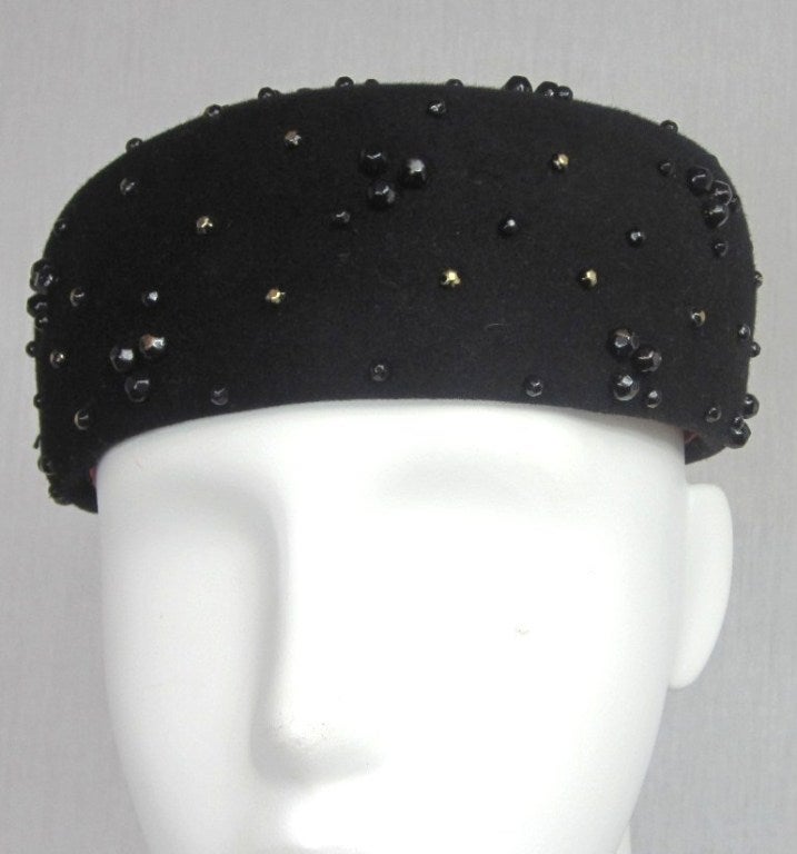 Black Beaded Adolfo Pillbox Wool Hat 1960s Vintage In Good Condition For Sale In Wallkill, NY