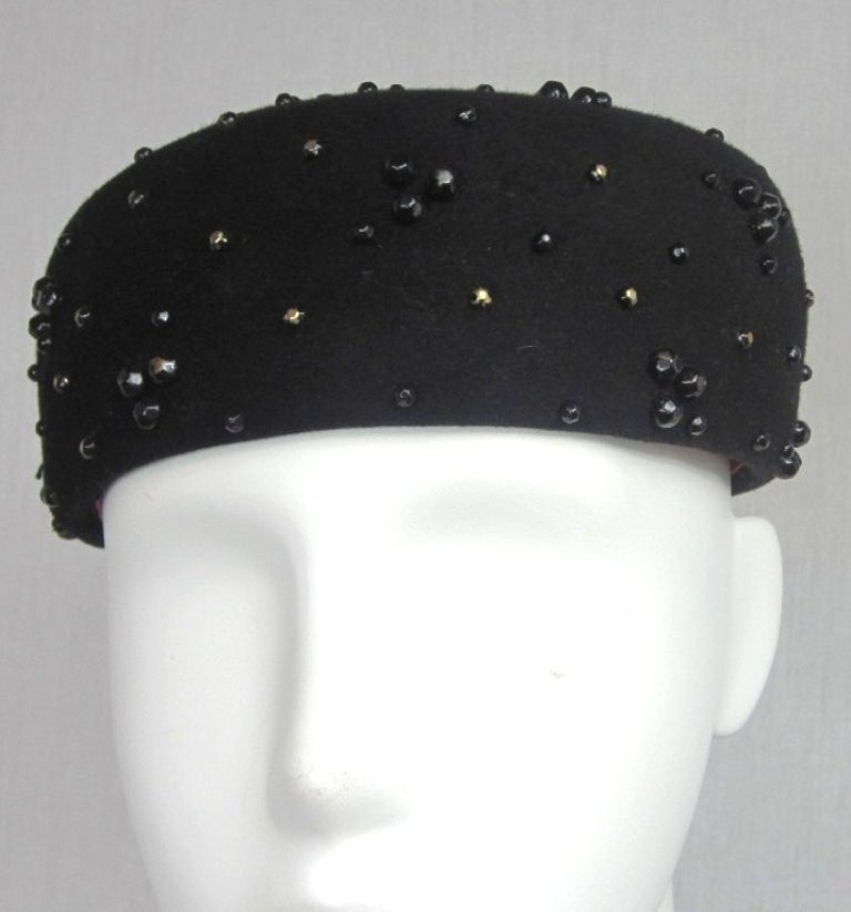 vintage SCHIAPARELLI hat / black wool 1950s pillbox fur halo hat in box receipt original tag
