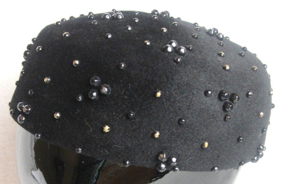Women's Black Beaded Adolfo Pillbox Wool Hat 1960s Vintage For Sale