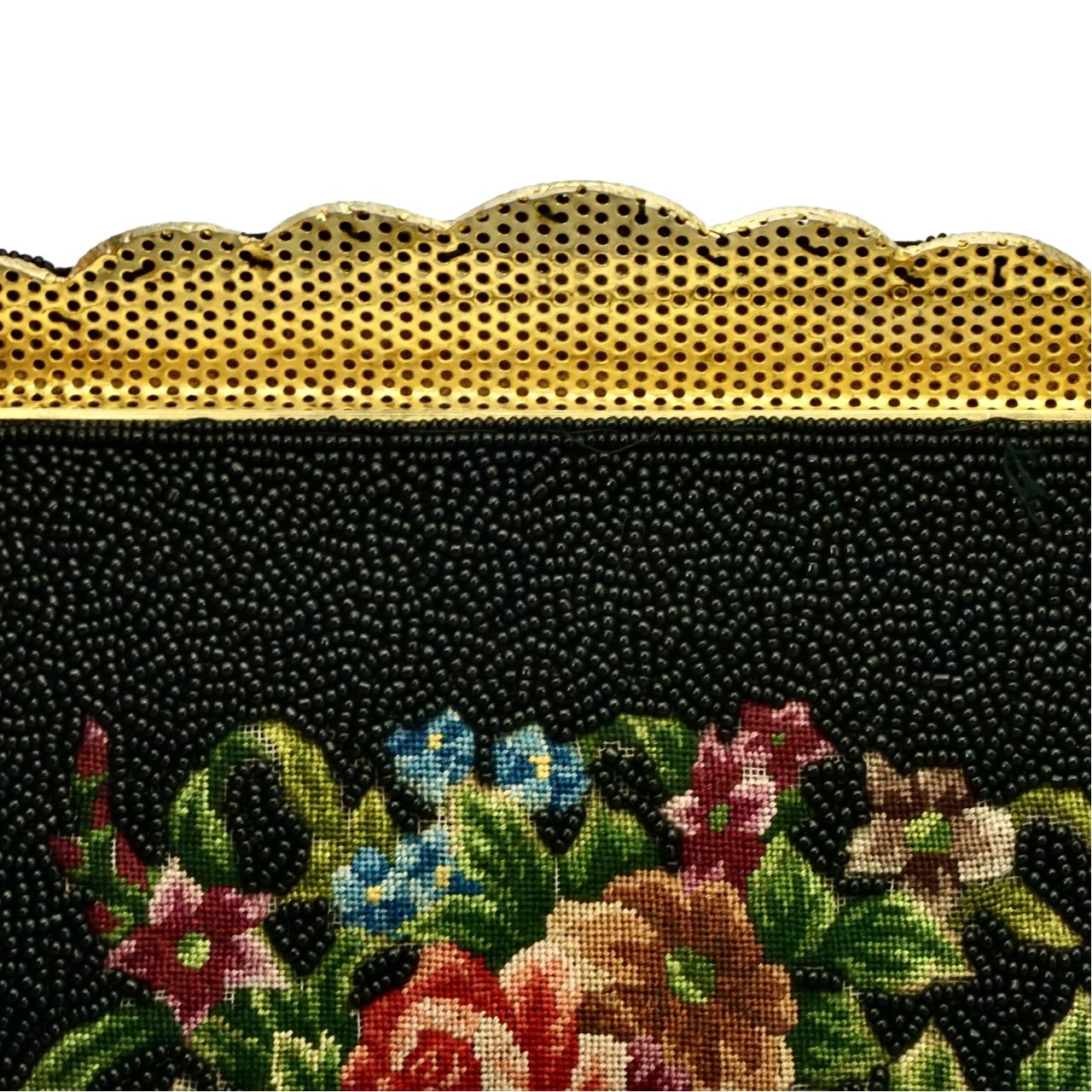 Black Beaded and Floral Tapestry Embroidered Handbag circa 1950s In Good Condition For Sale In London, GB