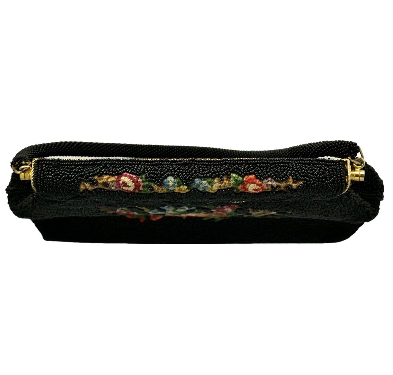 Black Beaded and Floral Tapestry Embroidered Handbag circa 1950s For Sale 1