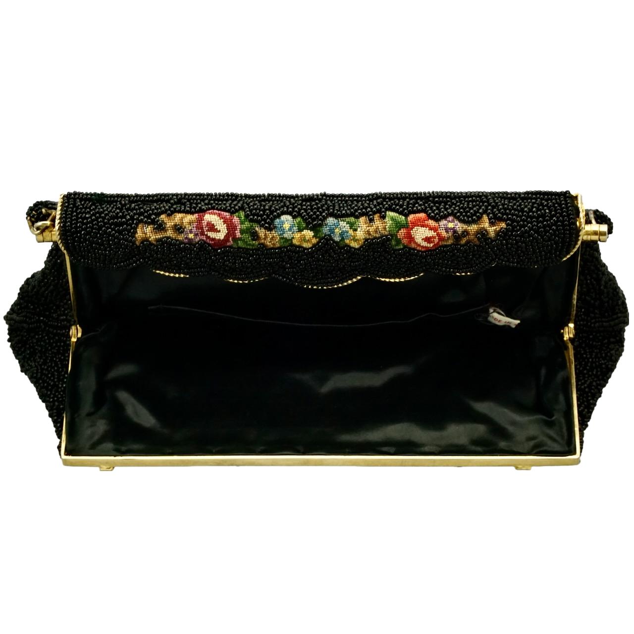 Black Beaded and Floral Tapestry Embroidered Handbag circa 1950s For Sale 2