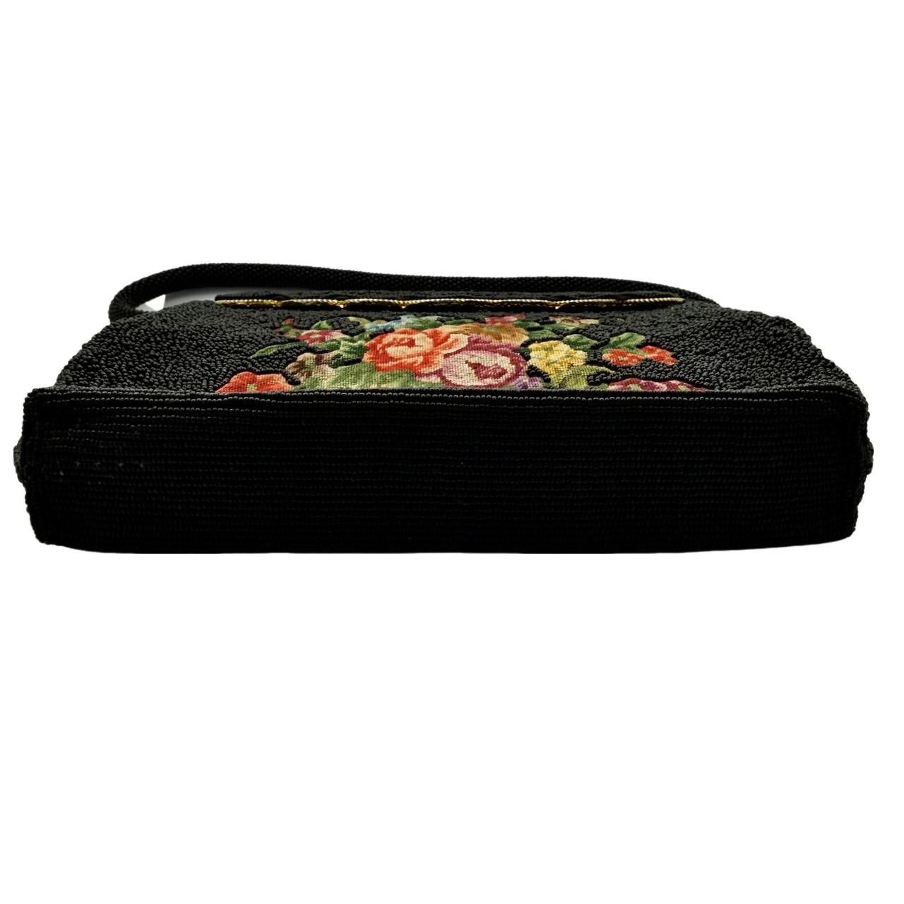 Black Beaded and Floral Tapestry Embroidered Handbag circa 1950s For Sale 4