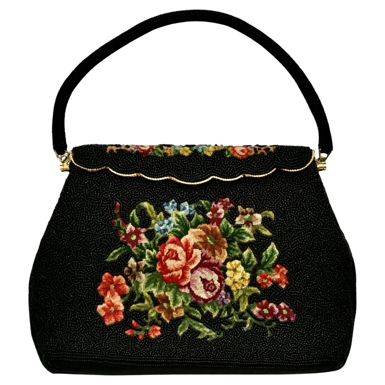 Black Beaded and Floral Tapestry Embroidered Handbag circa 1950s For Sale