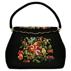 Retro Black Beaded and Floral Tapestry Embroidered Handbag circa 1950s