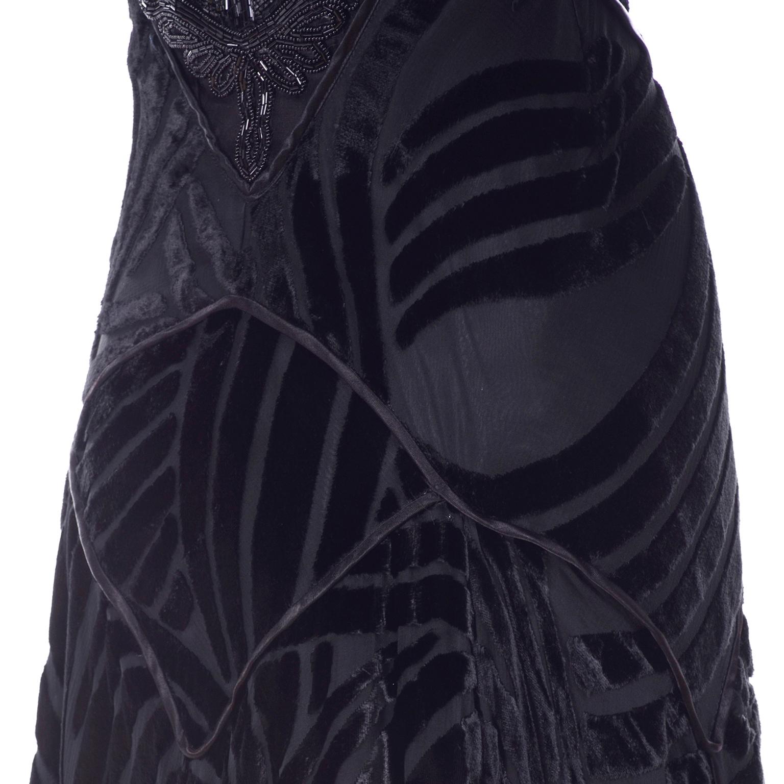 Black Beaded Burnout Velvet Evening Dress w Statement Sleeves & Handkerchief Hem 4