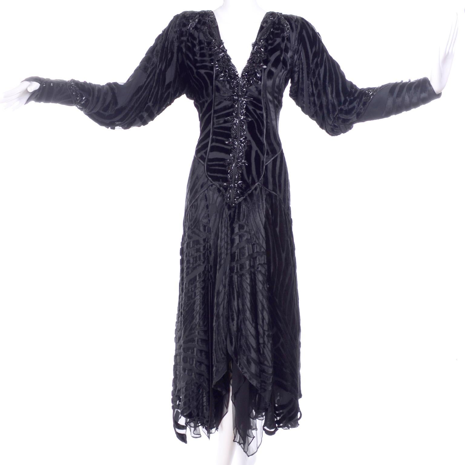 Black Beaded Burnout Velvet Evening Dress w Statement Sleeves & Handkerchief Hem 5