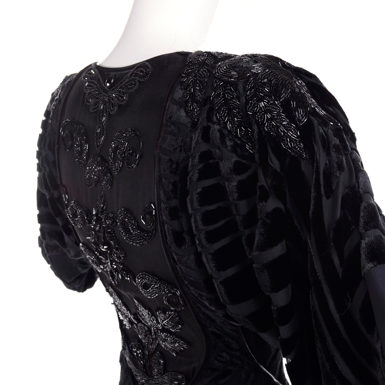 Black Beaded Burnout Velvet Evening Dress w Statement Sleeves & Handkerchief Hem In Excellent Condition In Portland, OR