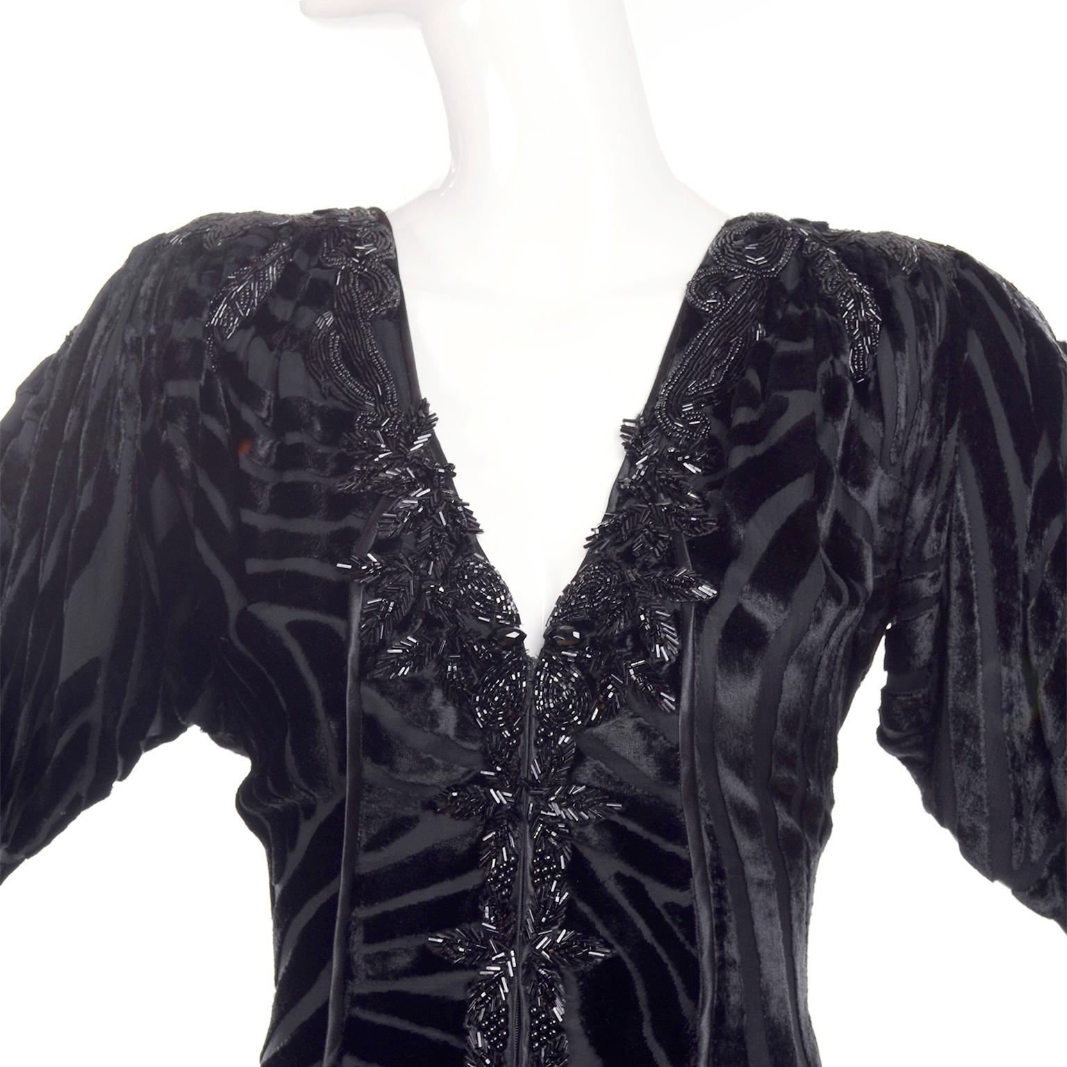 Women's Black Beaded Burnout Velvet Evening Dress w Statement Sleeves & Handkerchief Hem