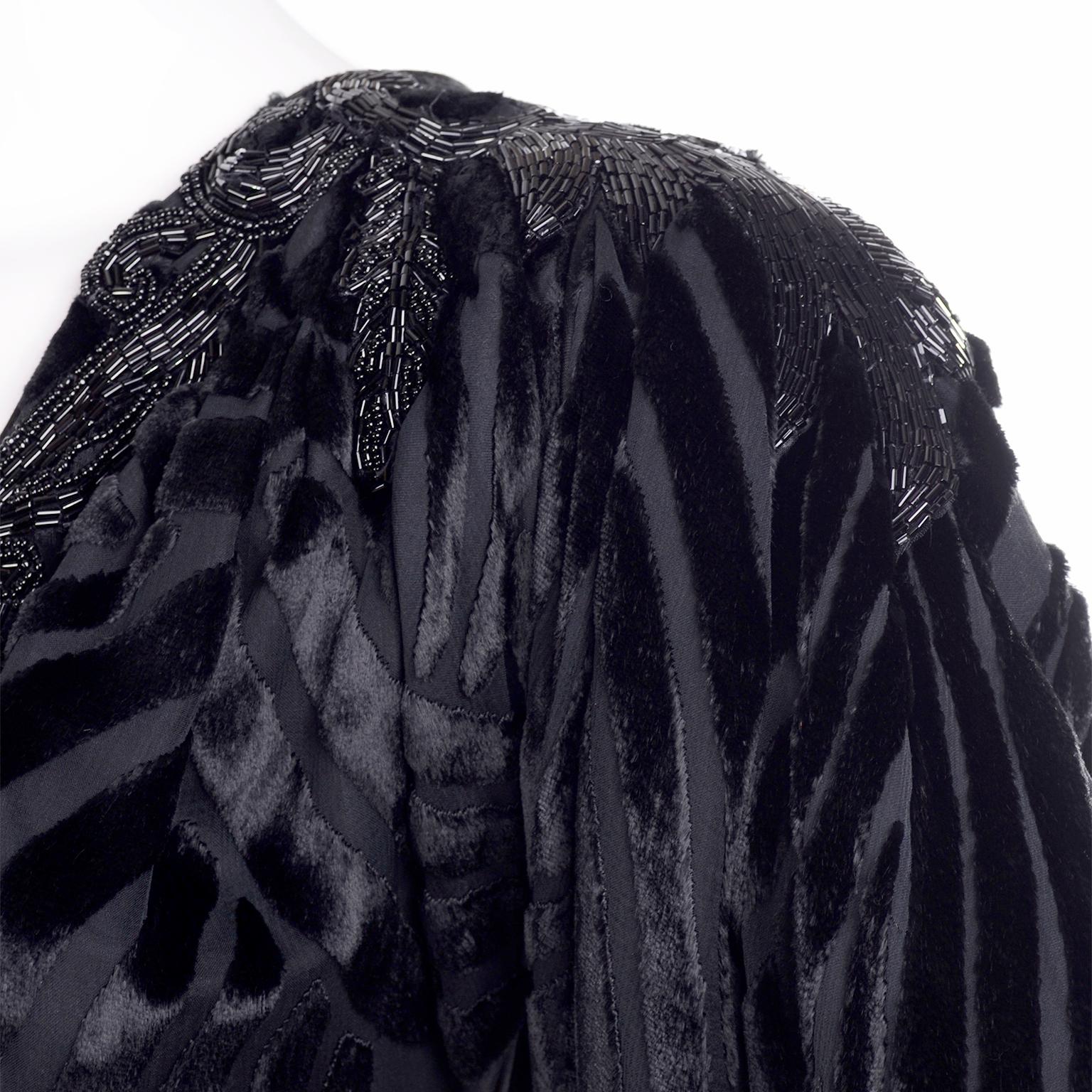Black Beaded Burnout Velvet Evening Dress w Statement Sleeves & Handkerchief Hem 2