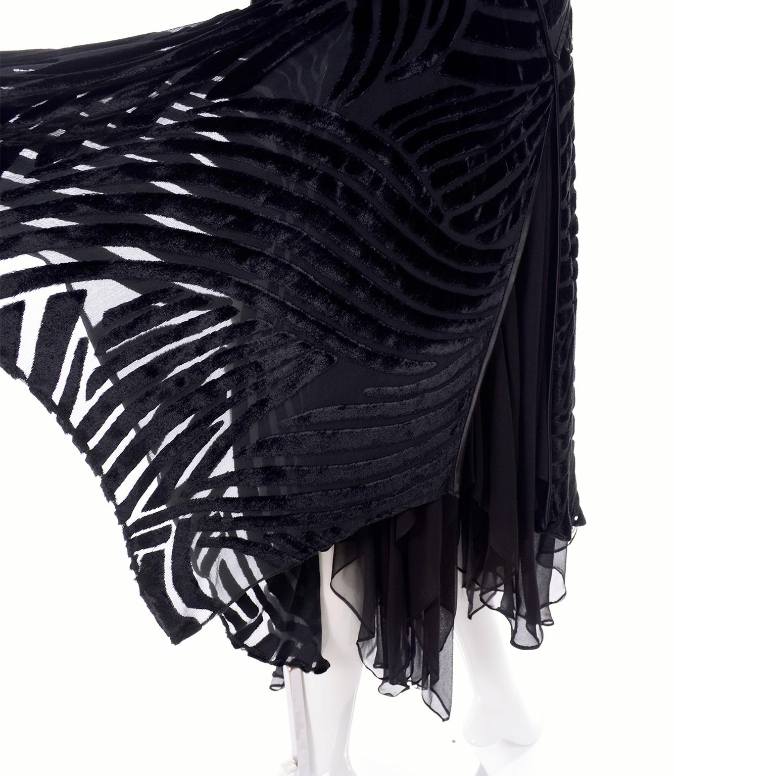 Black Beaded Burnout Velvet Evening Dress w Statement Sleeves & Handkerchief Hem 3