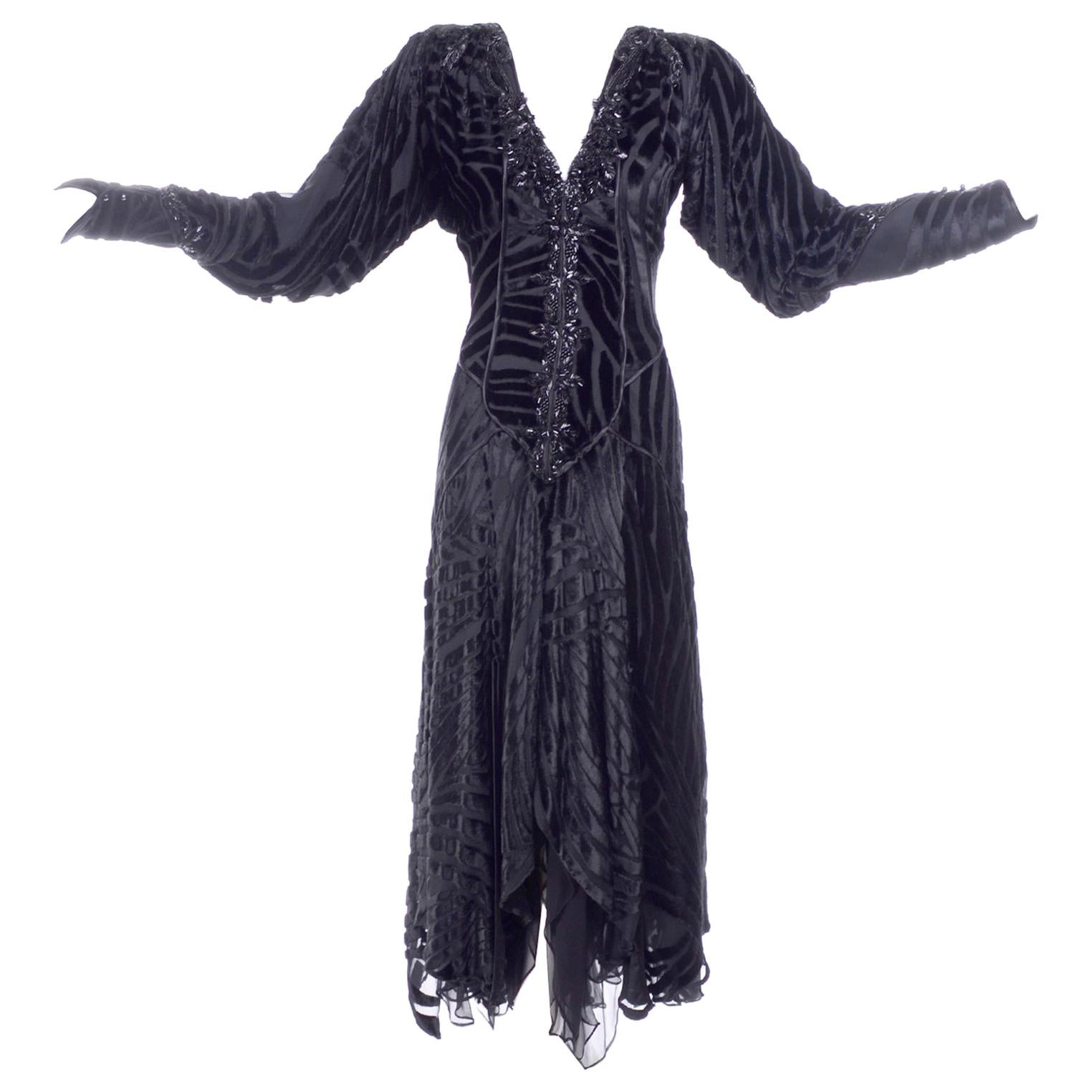 Black Beaded Burnout Velvet Evening Dress w Statement Sleeves & Handkerchief Hem