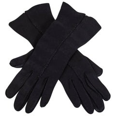 Black Beaded Doeskin Velvet Notched Evening Forearm Gloves - S, 1950s