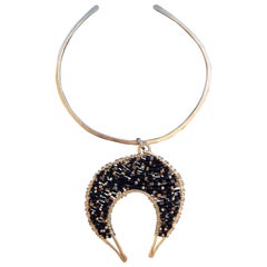Black Beaded Multicolor Crescent Moon Pendant Gold Choker Necklace