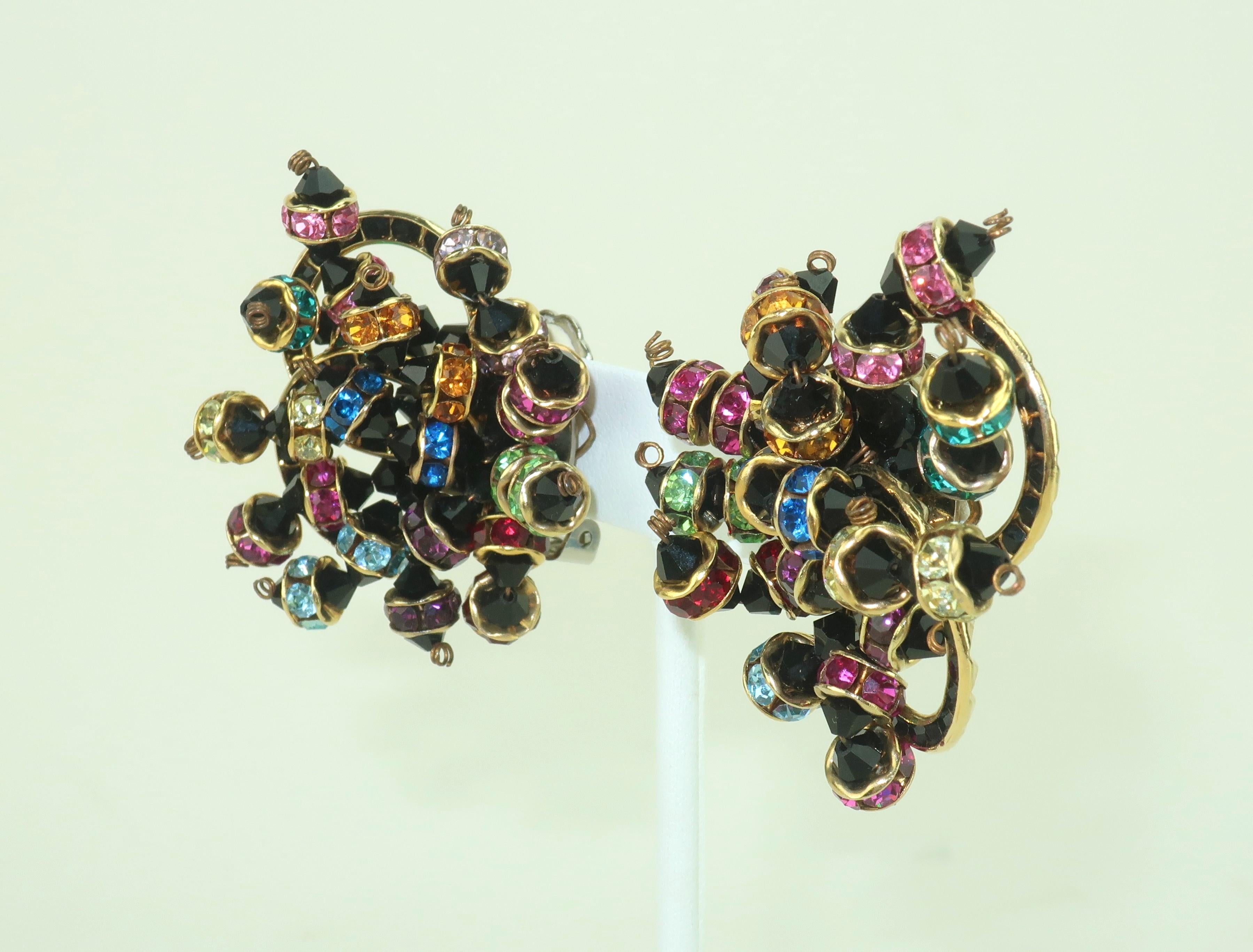 Rétro Orecchini a grappolo di strass con perline nere, anni '80 in vendita