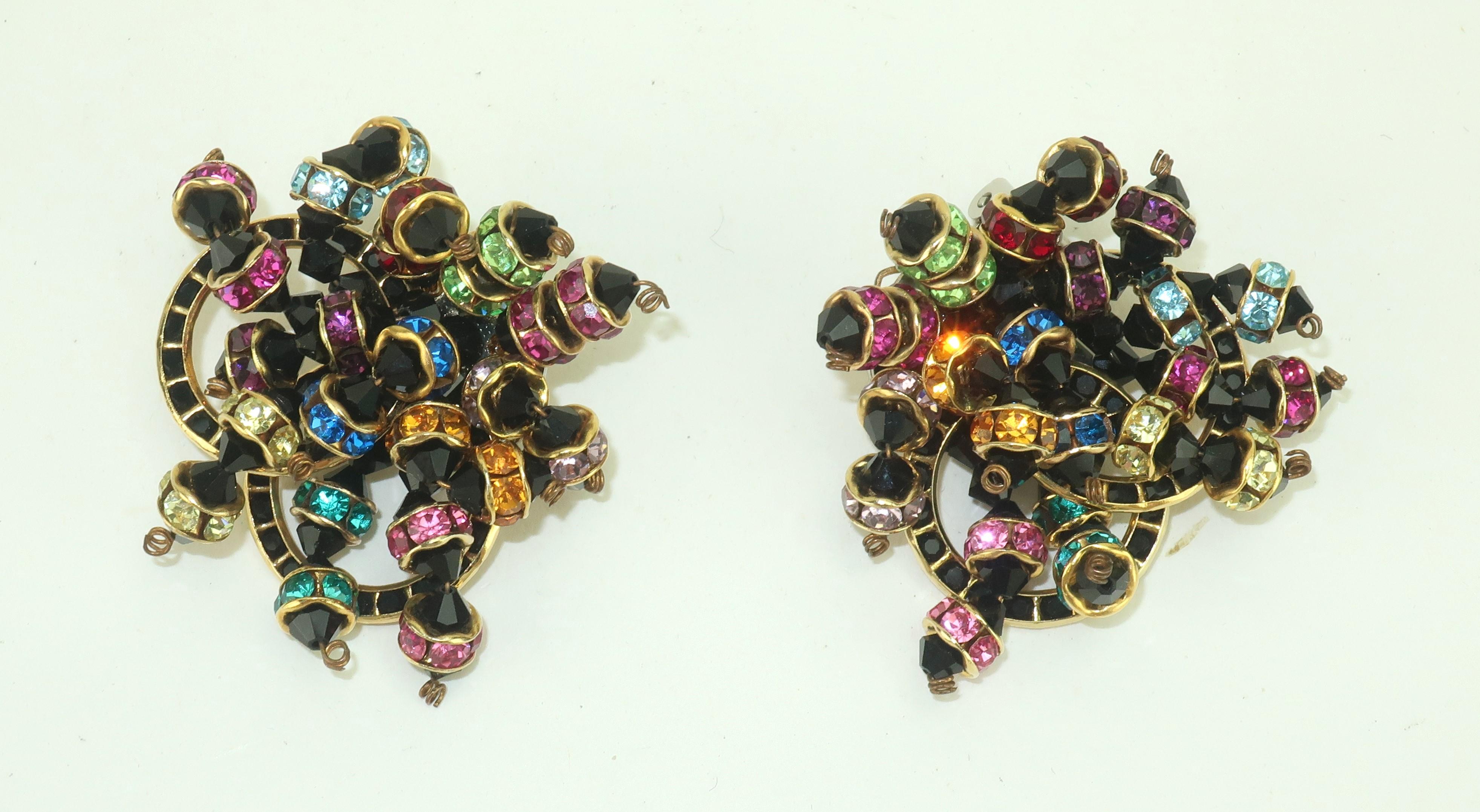 Donna Orecchini a grappolo di strass con perline nere, anni '80 in vendita