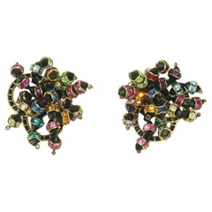 Vintage Black Beaded Rhinestone Cluster Earrings, 1980's