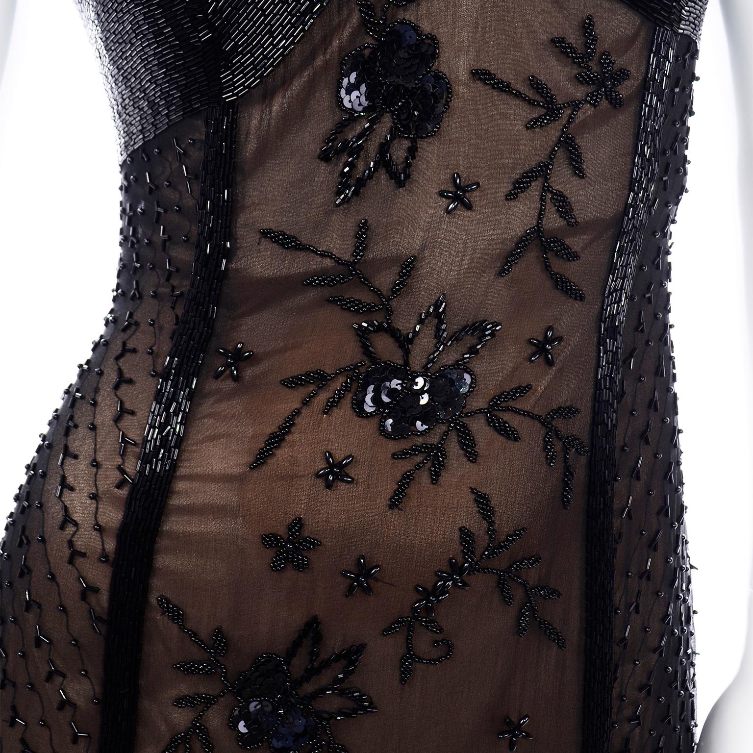 Black Beaded Sheer Evening Dress over Beige Under dress w Heavily Beaded Bodice 3