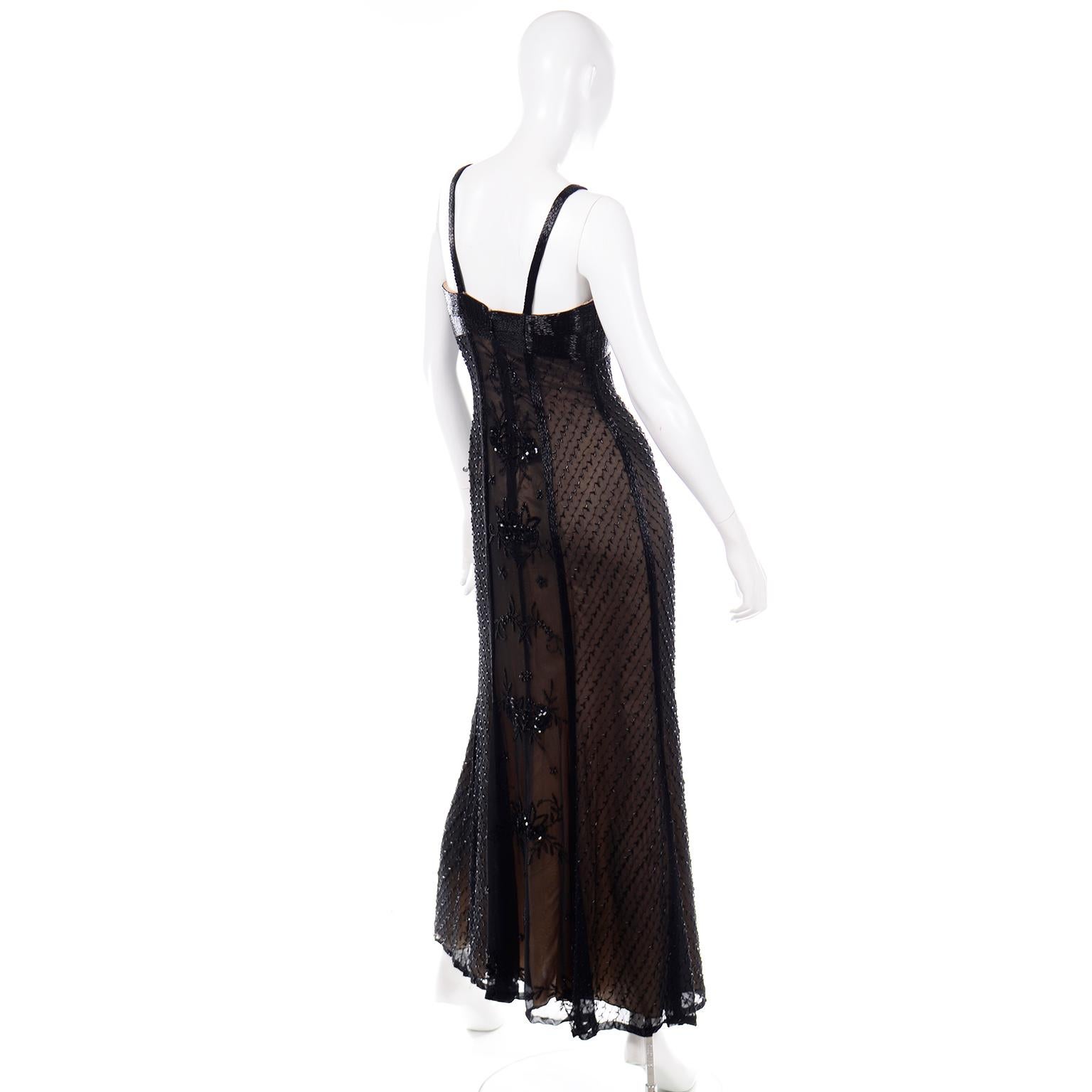 Black Beaded Sheer Evening Dress over Beige Under dress w Heavily Beaded Bodice In Excellent Condition In Portland, OR