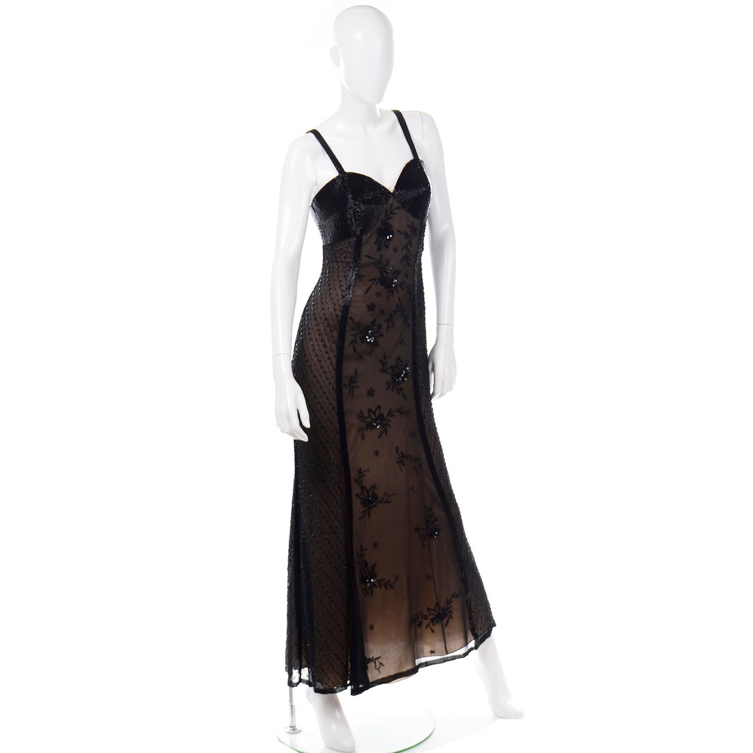 Women's Black Beaded Sheer Evening Dress over Beige Under dress w Heavily Beaded Bodice