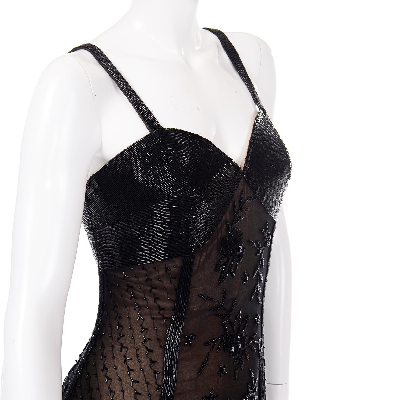 Black Beaded Sheer Evening Dress over Beige Under dress w Heavily Beaded Bodice 1