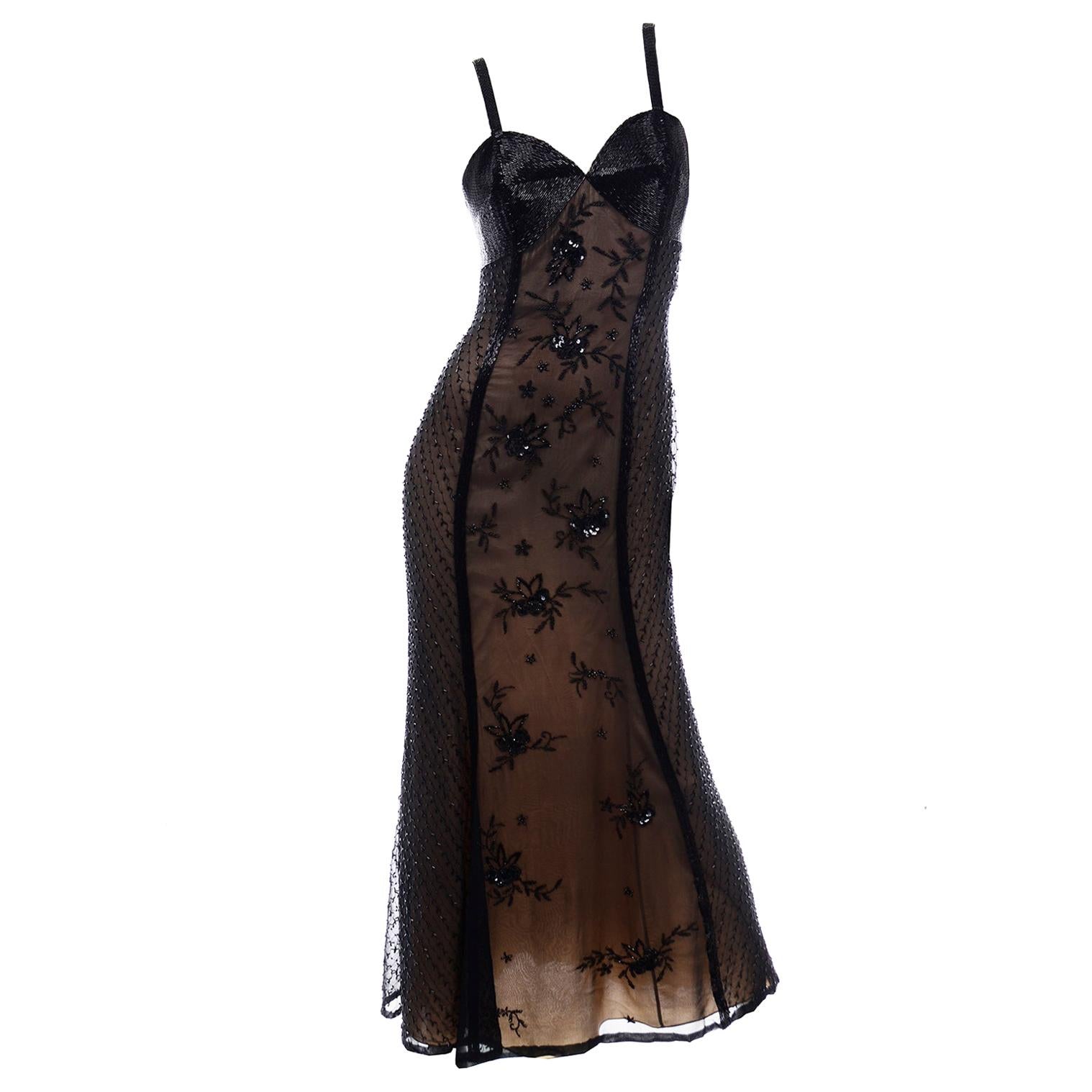 Black Beaded Sheer Evening Dress over Beige Under dress w Heavily Beaded Bodice