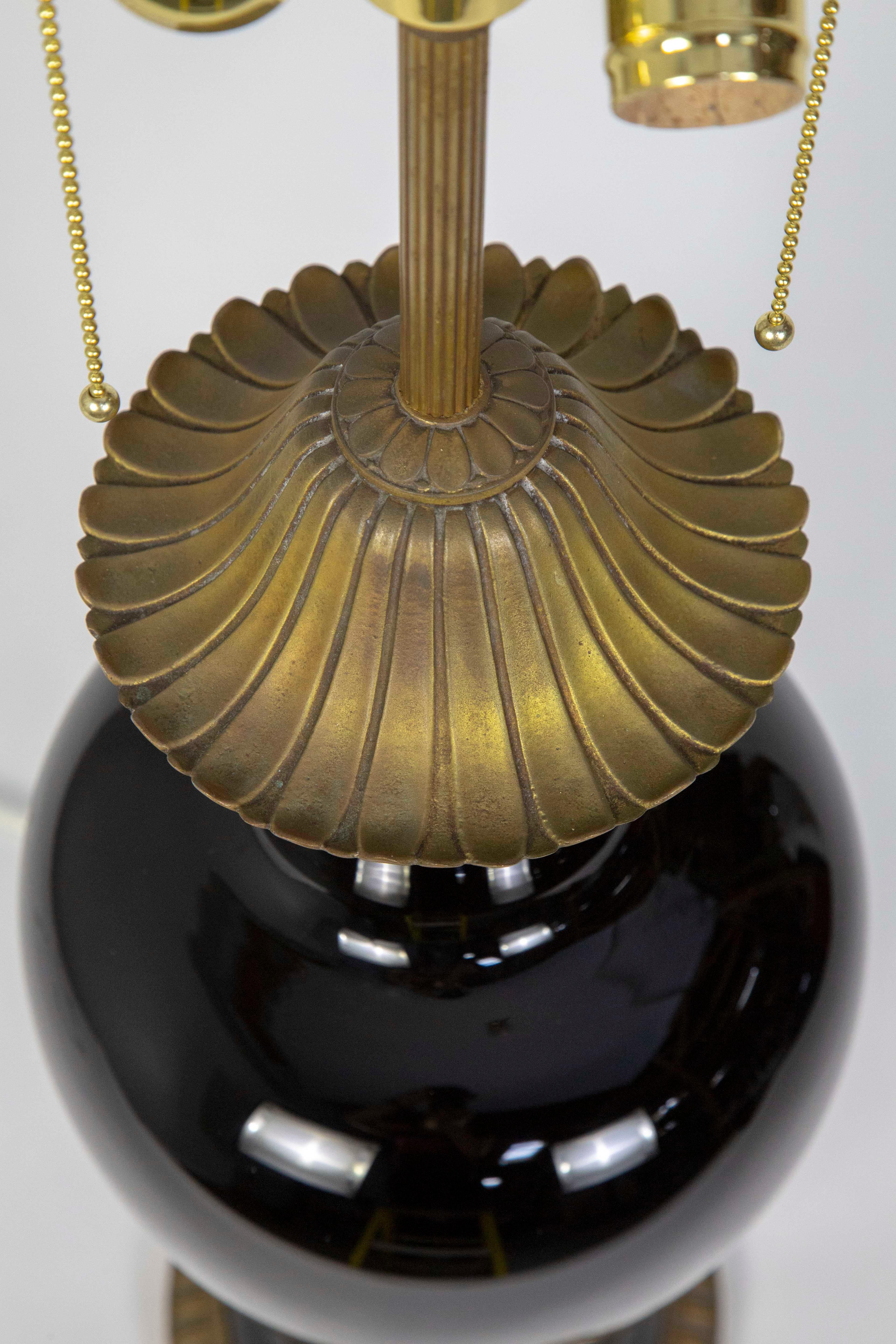 Hollywood Regency Marbro Black Porcelain & Brass Amphora Jar Lamp For Sale