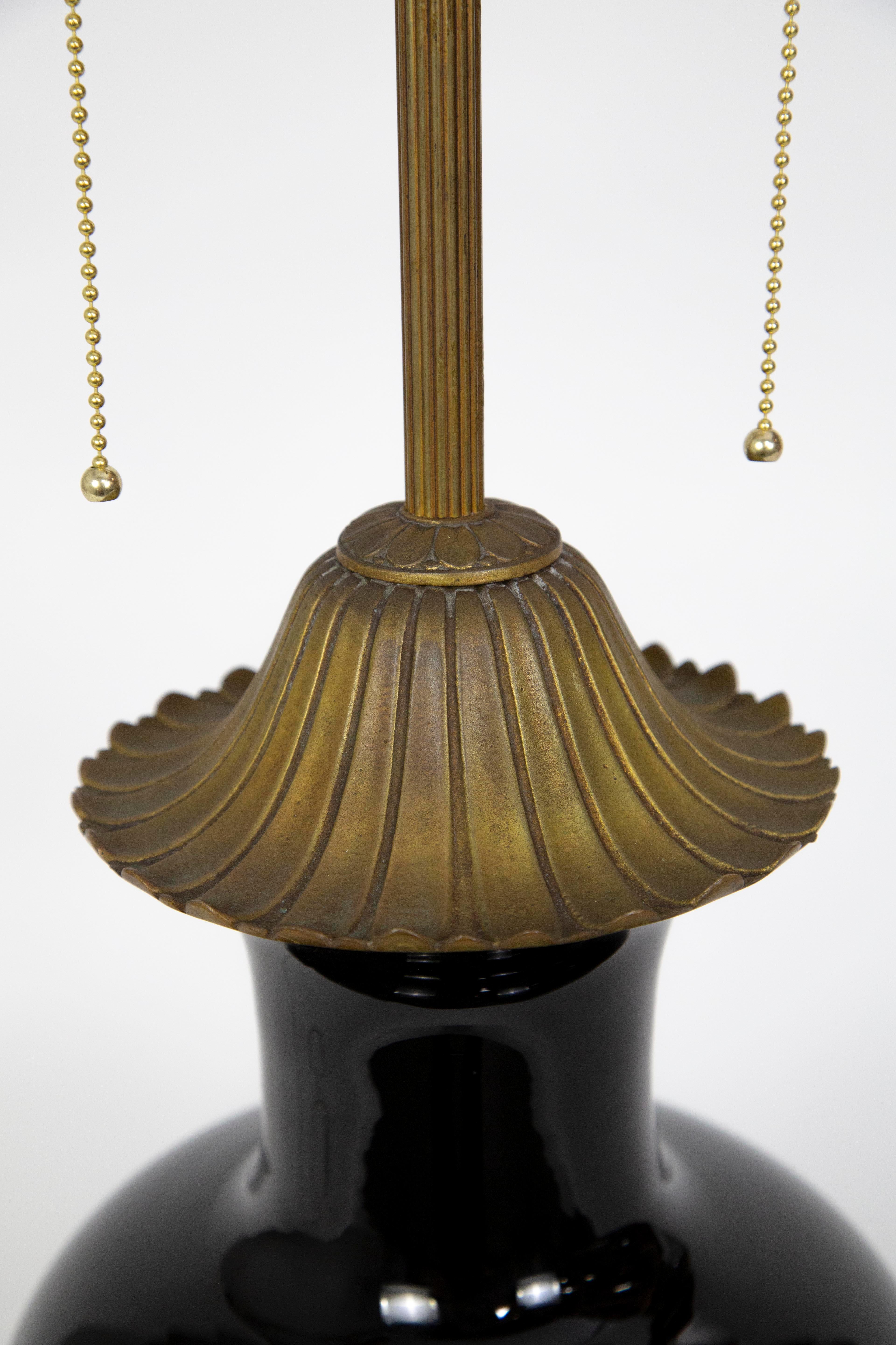 American Marbro Black Porcelain & Brass Amphora Jar Lamp For Sale