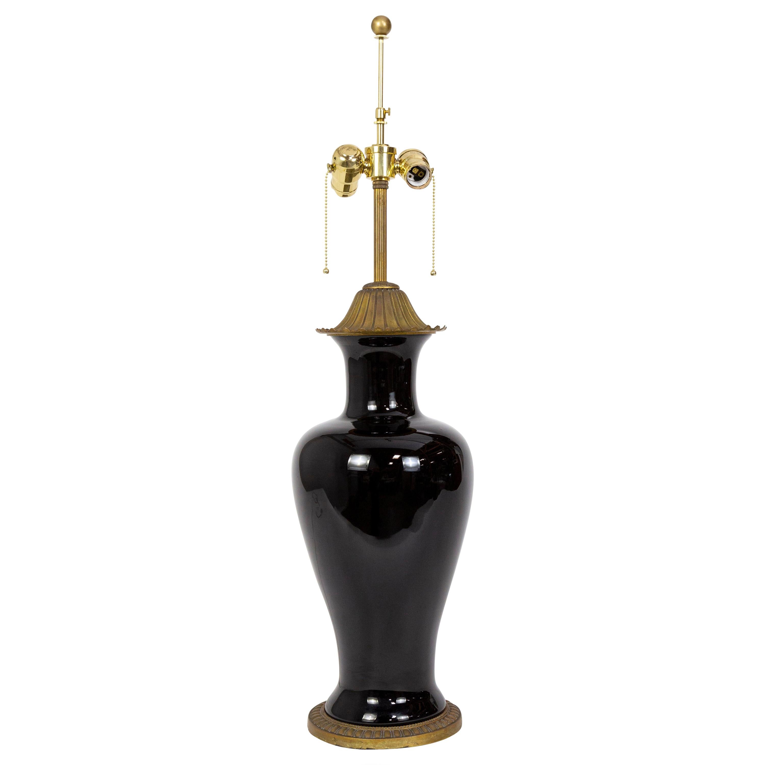 Marbro Black Porcelain & Brass Amphora Jar Lamp For Sale
