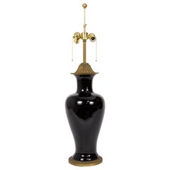 Vintage Marbro Black Porcelain & Brass Amphora Jar Lamp