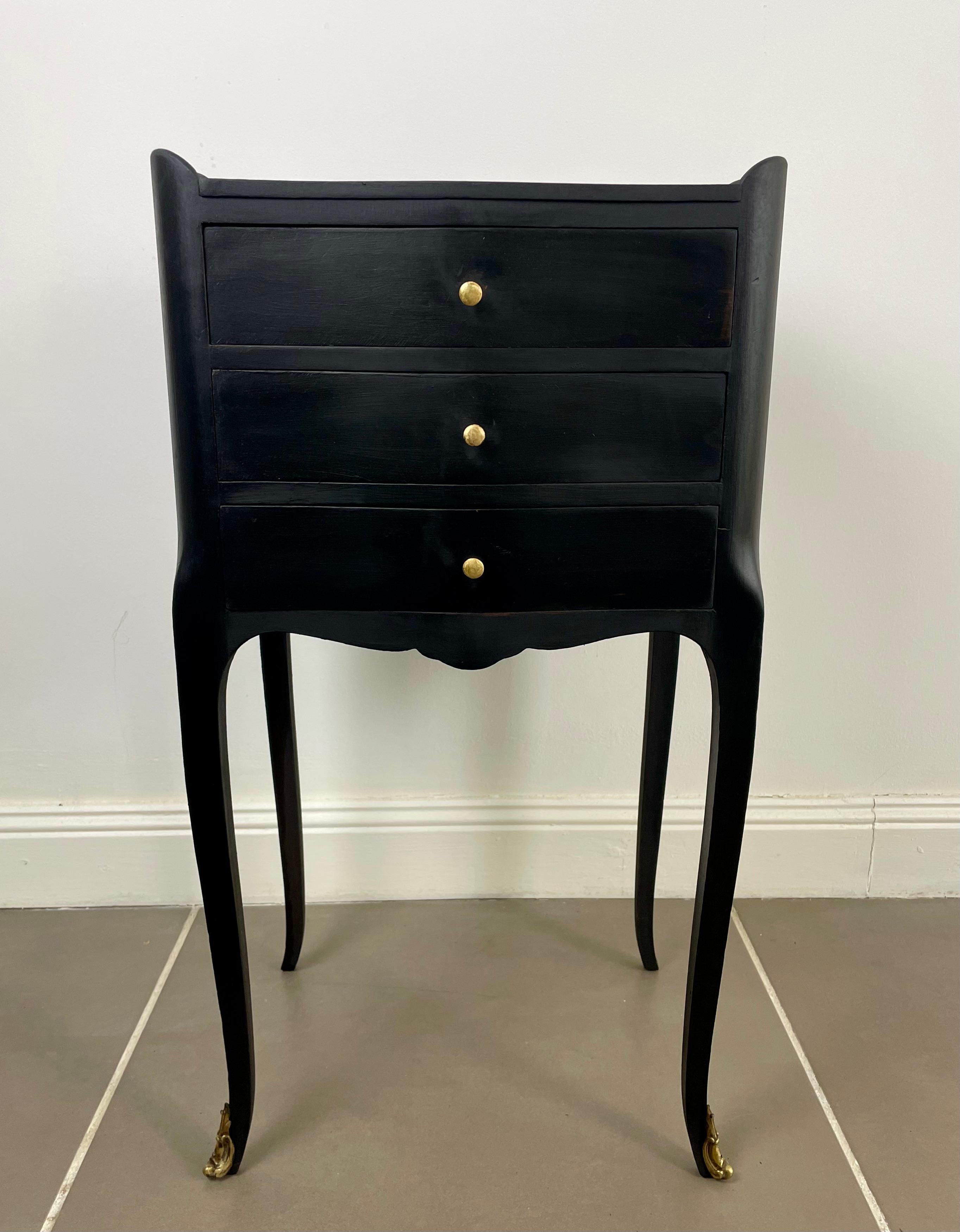 French Black Bedside Table Louis XV Style with Three Drawers, Mid-20th Century