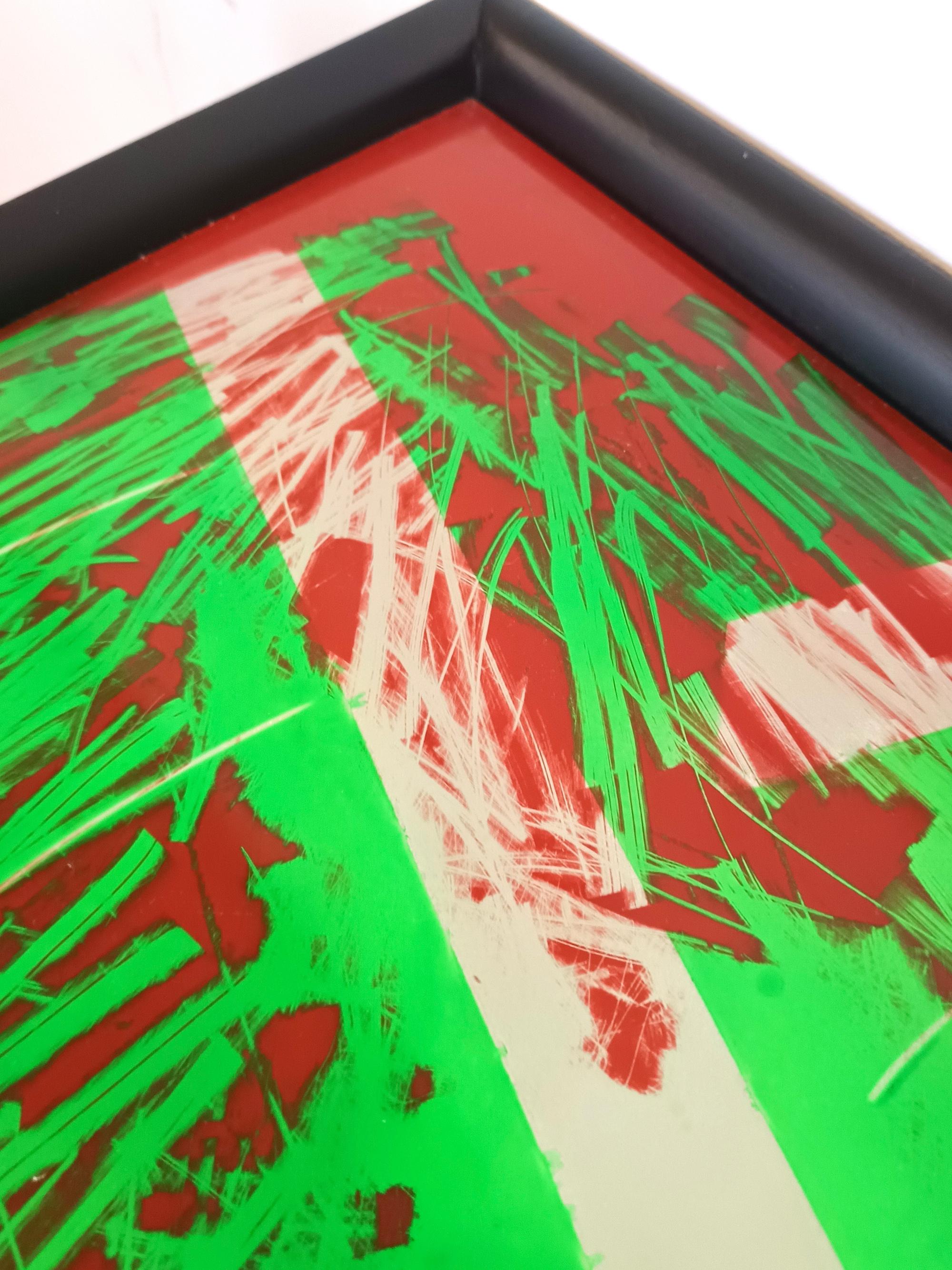 Konsolentisch aus schwarzer Buche mit roter und grüner Rückseite bemalter Glasplatte, Italien im Angebot 5